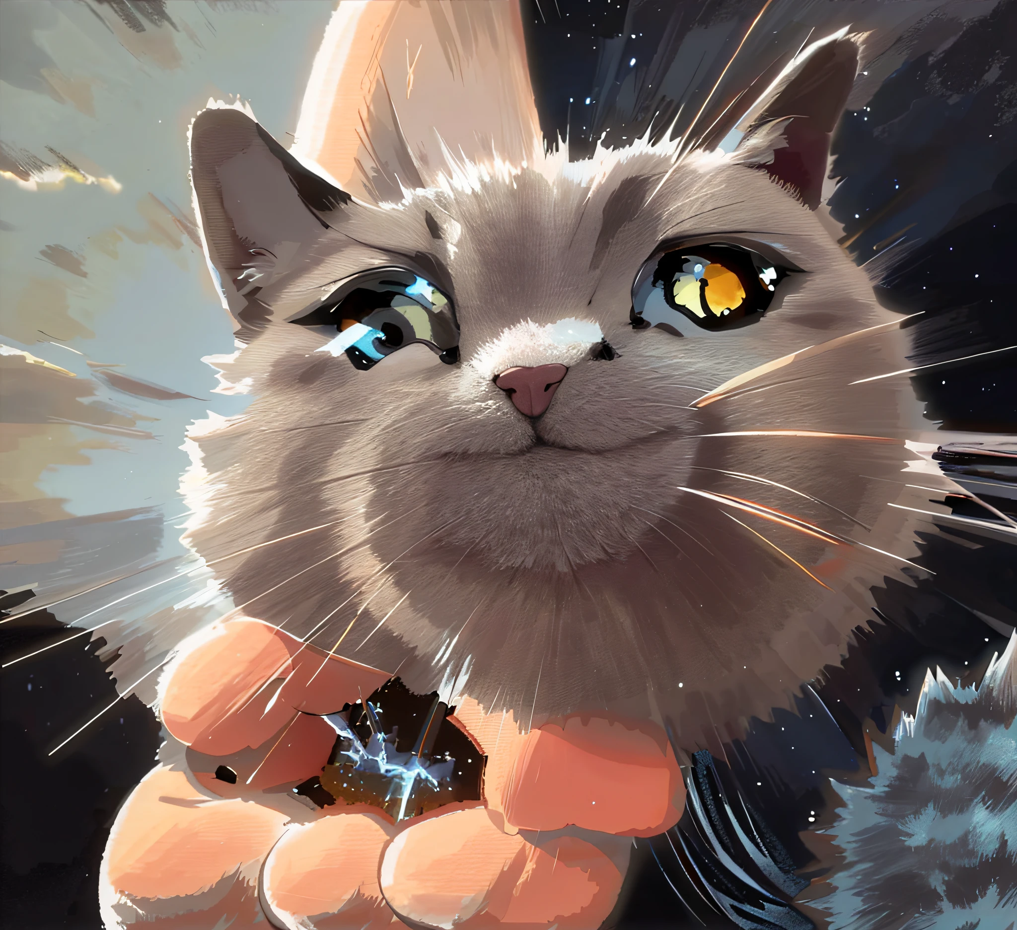 RAW photo, a close up portrait photo of cat , long hair,(masterpiece, best quality:1.2, high quality),cat, cute,facing viewer, cow cat,space background, yawning, close eye, dissolving, galaxy,looking at viewer,full body bonian,moon background, simple background, water,no human, reflection, robot cat,cyberpunk,