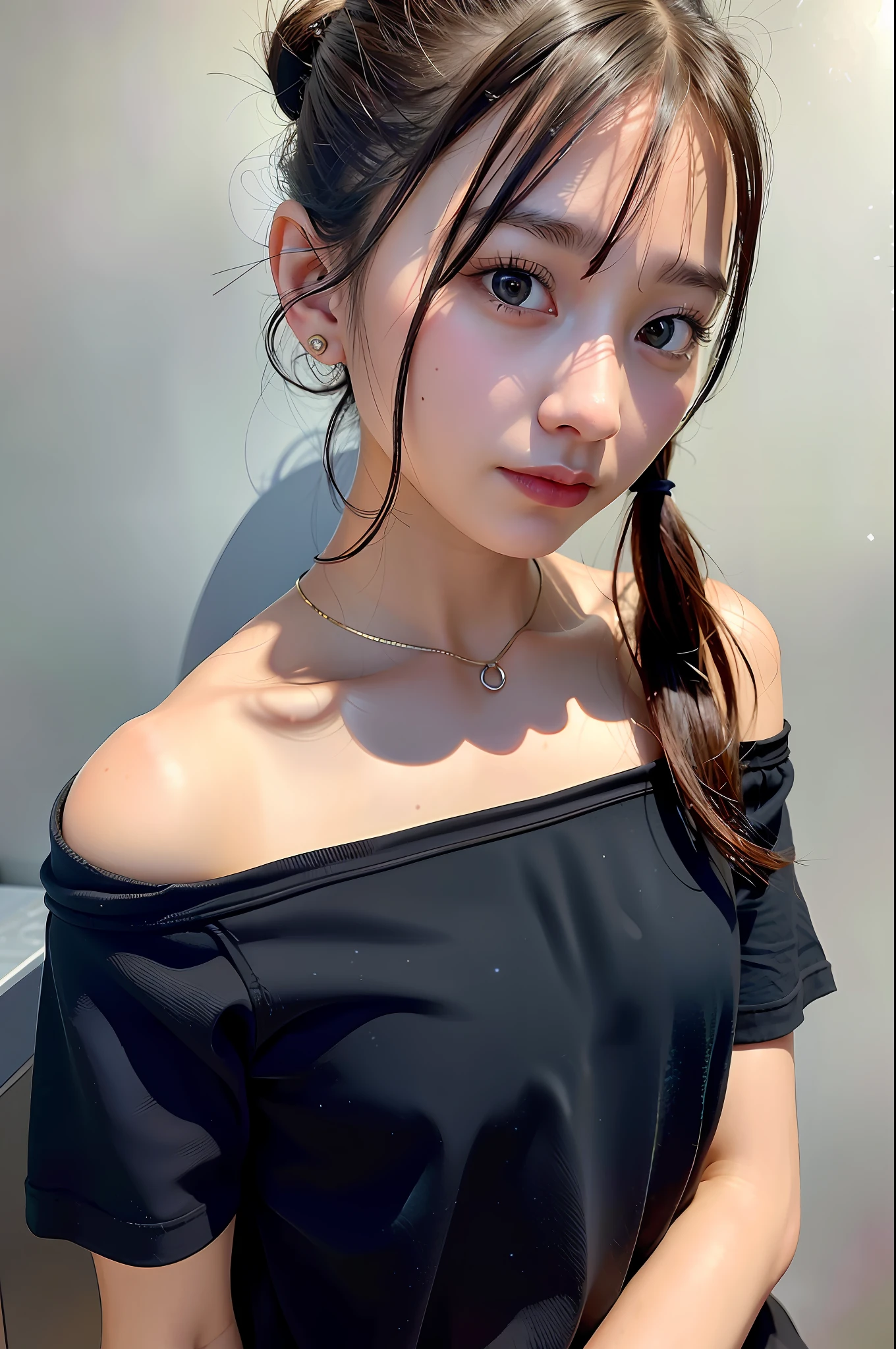 Top quality, ultra high resolution, (photorealistic: 1.4), 1 girl, off-shoulder black shirt, look at the viewer, close-up, thin legs, small, black shorts, dazzling light, 15 years old, long ponytail,