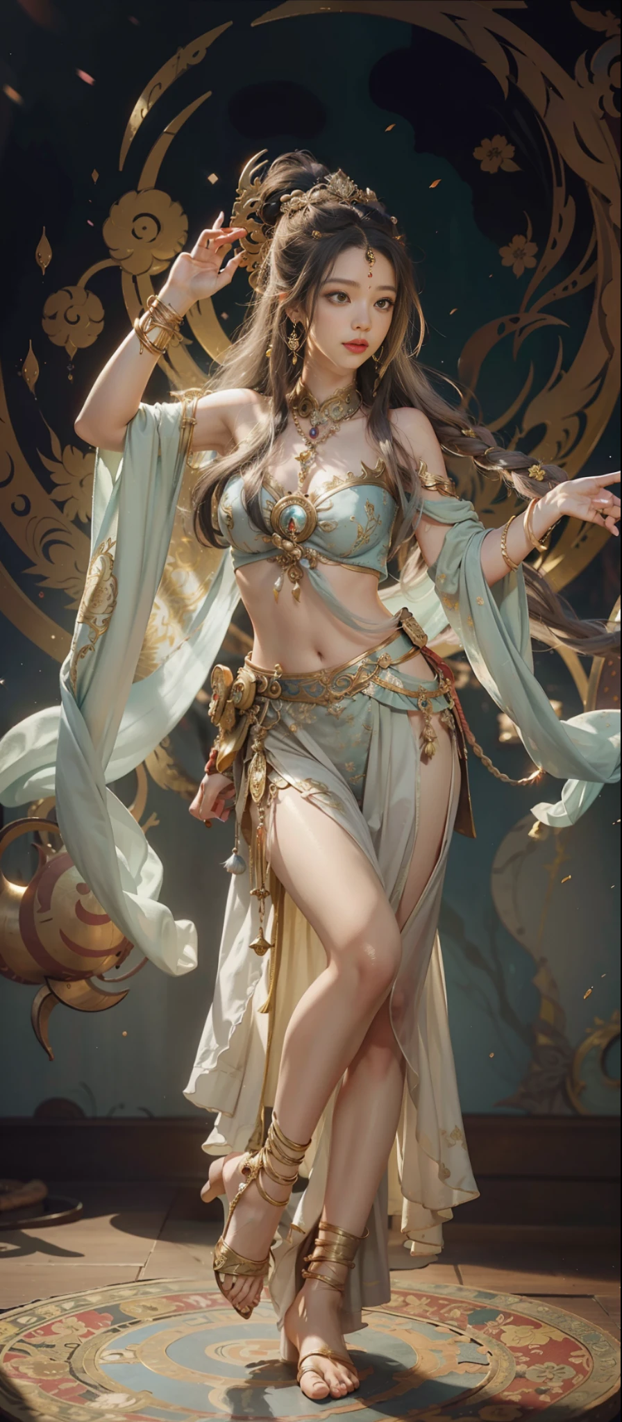 Dunhuang style, 1girle, shoulders, navel, flying fairy, Dunhuang mural in background, dance, gray hair, lots of hair, very long hair, hair ornaments, ribbons, earrings, gold jewelry, hair bubbles, copper bells, red and gold clothes, flowers on the head, gradient eyes, smile, barefoot, no shoes, full body portrait, surrealism, high detail, romanticism, film lighting, glitter, reflected light, masterpiece, super detail, textured skin, anatomically correct, high detail, best quality, High quality, award-winning, 8K