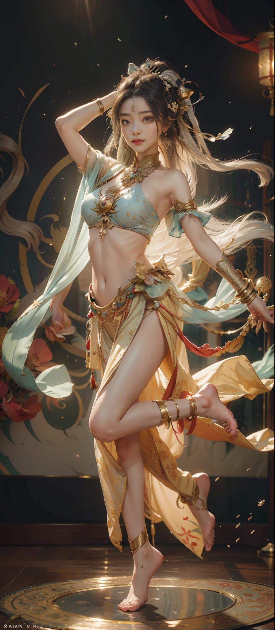 Dunhuang style, 1girle, shoulders, navel, flying fairy, Dunhuang mural in background, dance, gray hair, lots of hair, very long hair, hair ornaments, ribbons, earrings, gold jewelry, hair bubbles, copper bells, red and gold clothes, flowers on the head, gradient eyes, smile, barefoot, no shoes, full body portrait, surrealism, high detail, romanticism, film lighting, glitter, reflected light, masterpiece, super detail, textured skin, anatomically correct, high detail, best quality, High quality, award-winning, 8K