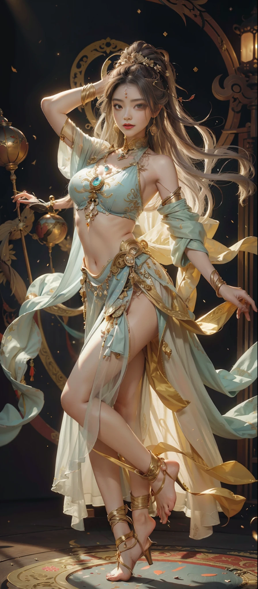 Dunhuang style, 1girle, shoulders, navel, flying fairy, Dunhuang mural in background, dance, gray hair, lots of hair, very long hair, hair ornaments, ribbons, earrings, gold jewelry, hair bubbles, copper bells, red and gold clothes, flowers on the head, gradient eyes, smile, barefoot, no shoes, full body portrait, surrealism, high detail, romanticism, film lighting, glitter, reflected light, masterpiece, super detail, textured skin, anatomically correct, high detail, best quality, High quality, award-winning, 8K