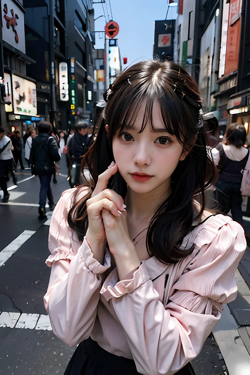 best quality, masterpiece, ultra high res, 8K, raw, (photo realistic:1.4), sharp focus, 1 girl, (detailed background:1.5), (tokyo street:1.3)