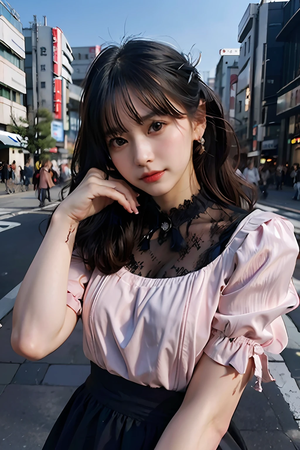 best quality, masterpiece, ultra high res, 8K, raw, (photo realistic:1.4), sharp focus, 1 girl, (detailed background:1.5), (tokyo street:1.3)