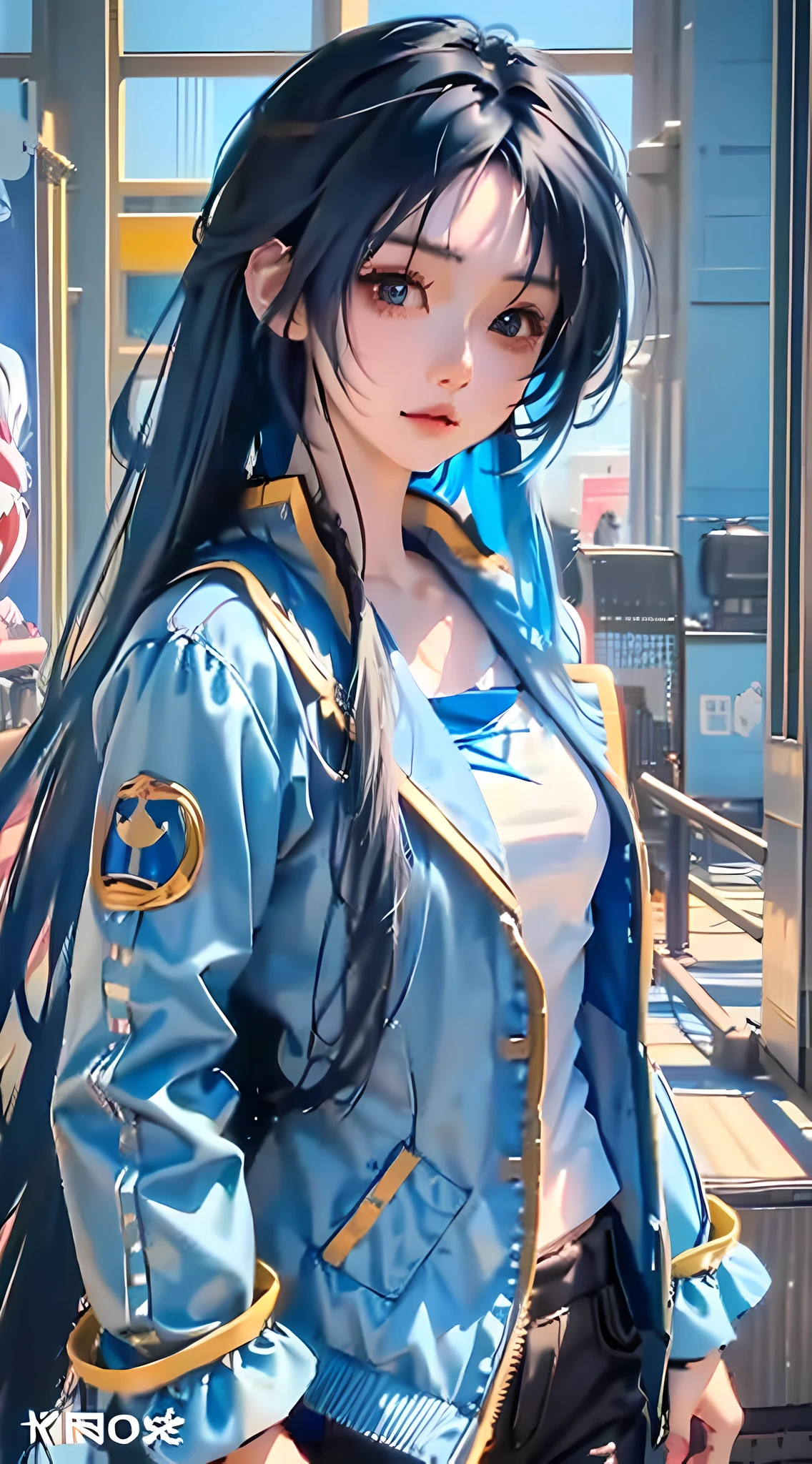 Close up of a long haired character in blue jacket, long hair anime girl, beautiful anime style, blue hair girl, beautiful blue hair girl, realistic young anime girl, anime style. 8k, style anime, realistic anime art style, long blue hair, blue hair, young anime girl, flowing blue hair, anime style, anime style, look at the audience