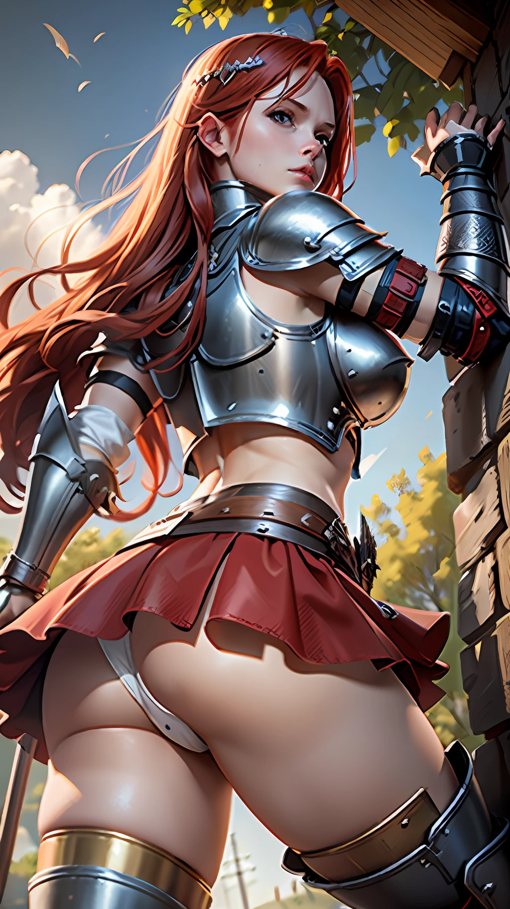 Ultra realistic, masterpiece, 8k, redhead warrior, armor, medieval fantasy, d&d, steel breastplate, steel gauntlets, steel boots, 1 girl, back, red skirt, short skirt, raised skirt, doggystyle, view from below, white panties, panties appearing, thong, upskirt, pantyshot, snfw