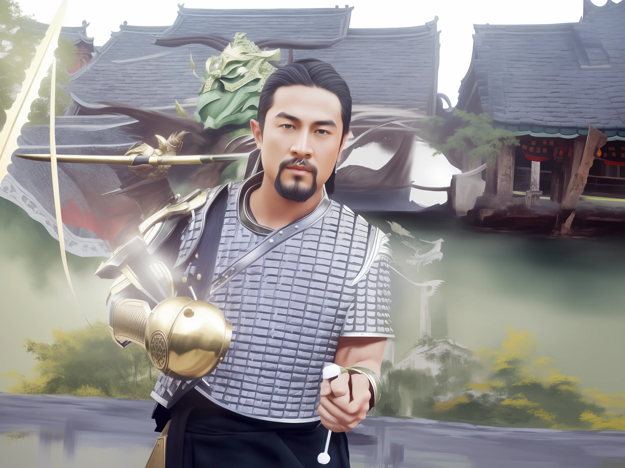 Male, full body, (green metal armor, carrying a metal dragon head on his shoulders, holding a sword, (colored skin,), (long and bushy black beard): 1.2), (green metal armor, complicated patterns: 1.2), gloves, long pants , (very detailed, bloom: 1.5), (highest quality, concept art, 4k), (analog: 1.2), (high sharpness), (detail pupil: 1.1), (painting: 1.1), (digital painting: 1.1 ), detailed face and eyes, Masterpiece, best quality, (highly detailed photo:1.1), 8k, realistic, (dark hair, dynamic short hair), (pureerosface_v1:0.2), [:(detailed face:1.2) :0.2 ], sharp, realistic, real shadows, (Chinese castle background: 1.2),