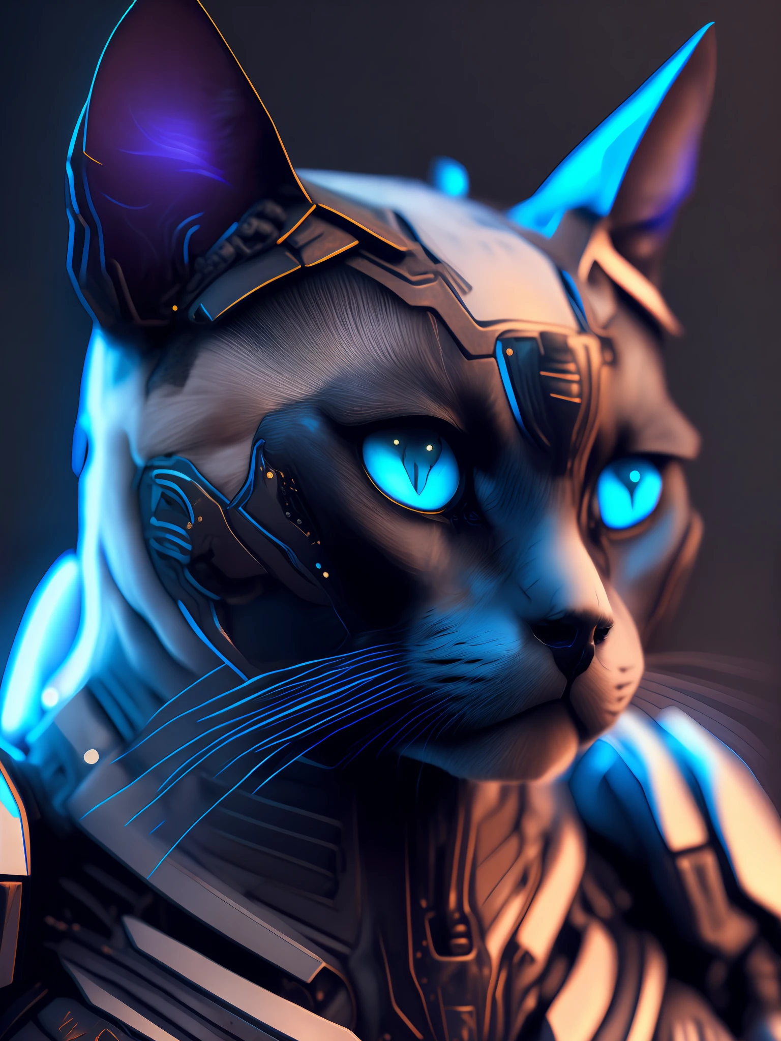 (close-up portrait of a Siamese cat (robot) with blue eyes, in realistic cyberpunk style of robot armor, ultra-realistic in modeling and texture.),(realistic cyberpunk armor of Doom Slayer, dark background, unique lighting, neon lighting, deep shadows).