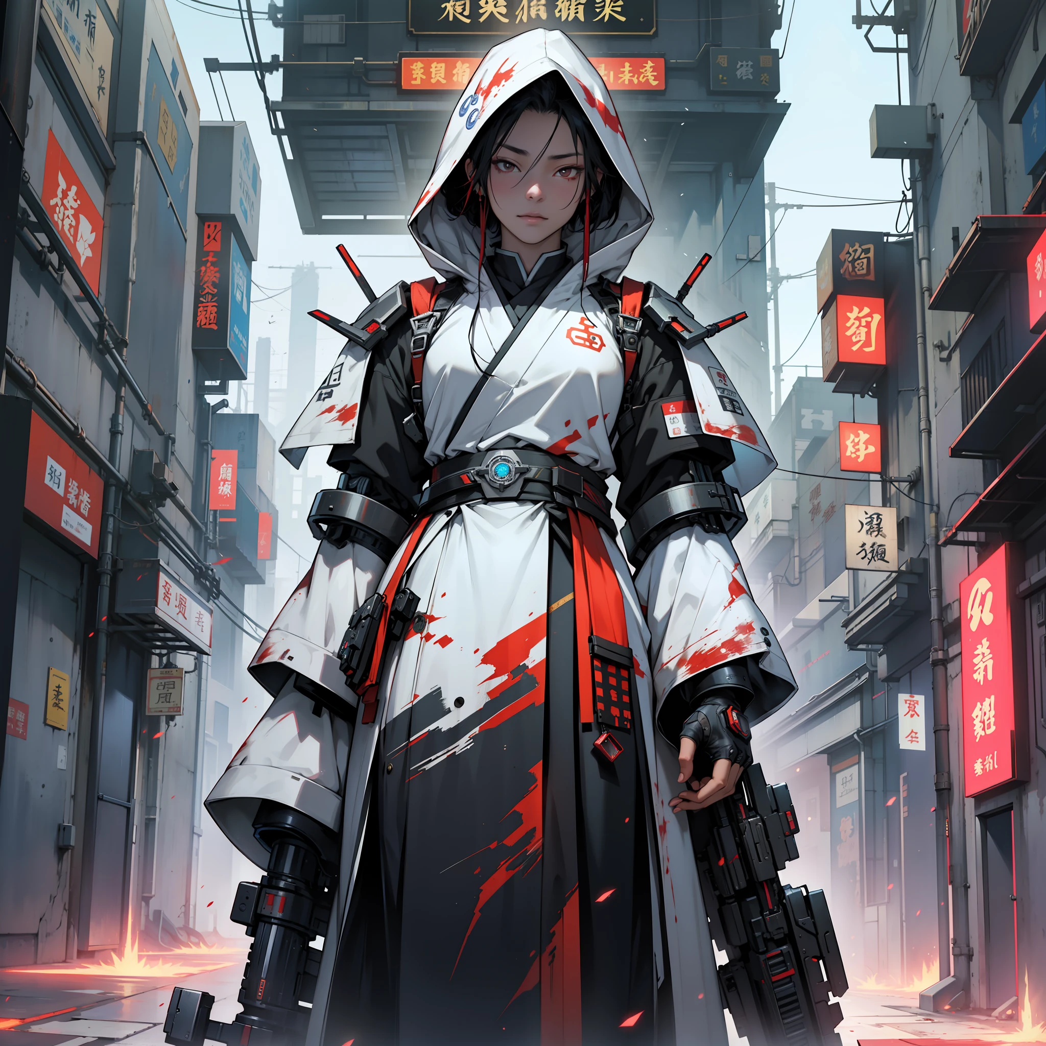 An ancient Chinese girl, hooded head, full body, amazing facial features, blood stains, mechanical eyes, cyberpunk, holographic aura, surreal sci-fi art, futuristic sci-fi aesthetics, hanfu (tattered), mecha, complex design, game model, movie edge light, delicate light, masterpiece, ultra-detailed, epic composition, super high-definition, high quality, highest quality, 32k --niji 5