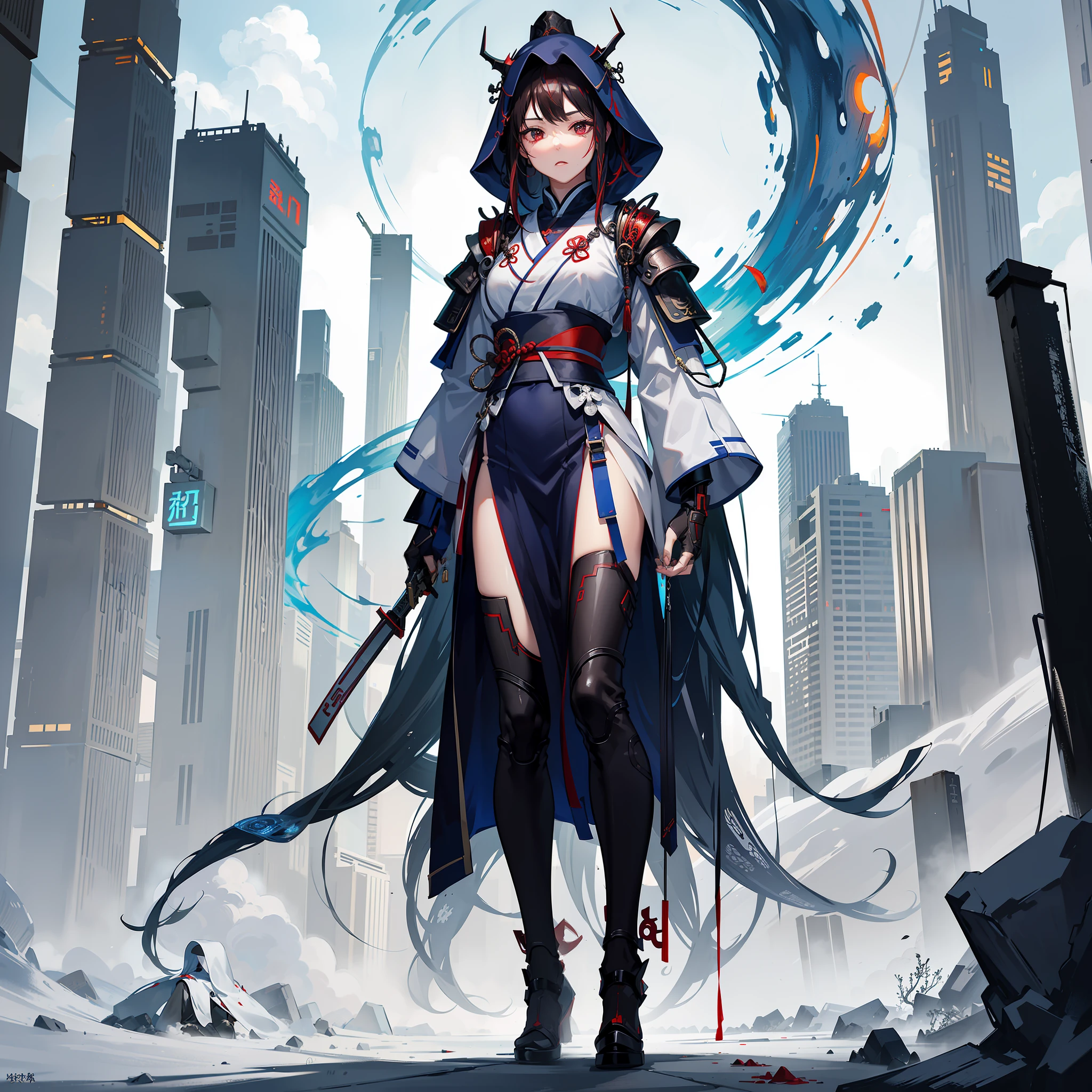 An ancient Chinese girl, hooded head, full body, amazing facial features, blood stains, mechanical eyes, cyberpunk, holographic aura, surreal sci-fi art, futuristic sci-fi aesthetics, hanfu (tattered), mecha, complex design, game model, movie edge light, delicate light, masterpiece, ultra-detailed, epic composition, super high-definition, high quality, highest quality, 32k --niji 5