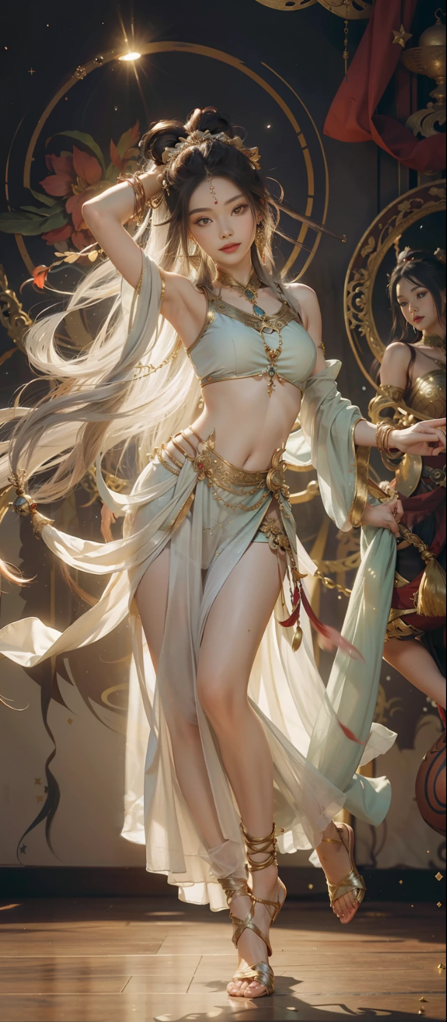 Dunhuang style, 1girle, shoulders, navel, flying fairy, Dunhuang mural in background, dance, gray hair, lots of hair, very long hair, hair ornaments, ribbons, earrings, gold jewelry, hair bubbles, copper bells, red and gold clothes, flowers on the head, gradient eyes, smile, barefoot, no shoes, full body portrait, surrealism, high detail, romanticism, film lighting, glitter, reflected light, masterpiece, super detail, textured skin, anatomically correct, high detail, best quality, High quality, award-winning, 8K