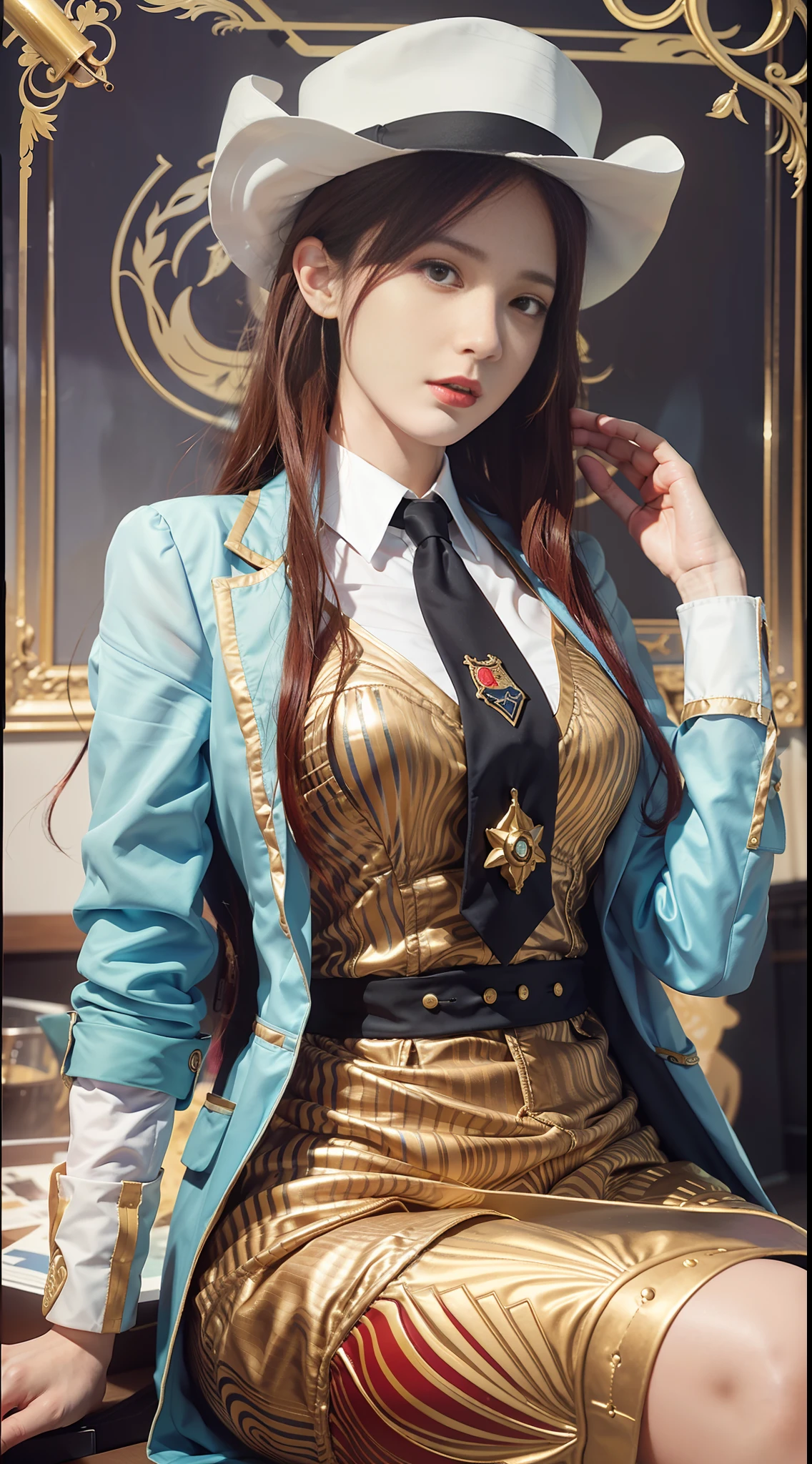 Surrealistic female portraits by David Hockney and Alphonse Mucha, fantasy art, photorealism, dynamic lighting, artstation, poster, volumetric lighting, very detailed faces, 4k, award-winning, 1girl, cowboy shot, (flight attendant uniform: 1.4), long hair, red hair, terminal, medium chest, full body, full body shot