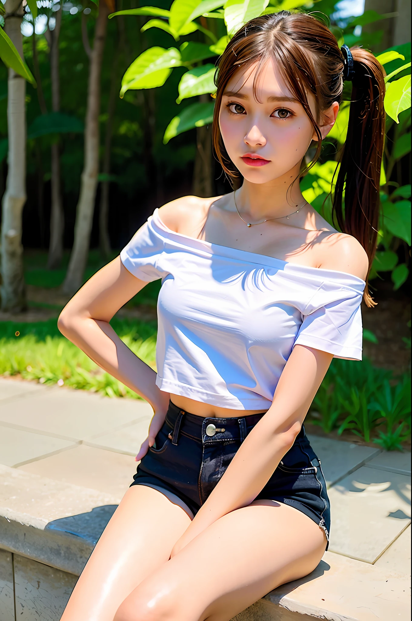 Top quality, ultra high resolution, (photorealistic: 1.4), 1 girl, off-shoulder white shirt, look viewer, close-up, thin legs, small, shorts, dazzling light, , long ponytail, black outerwear