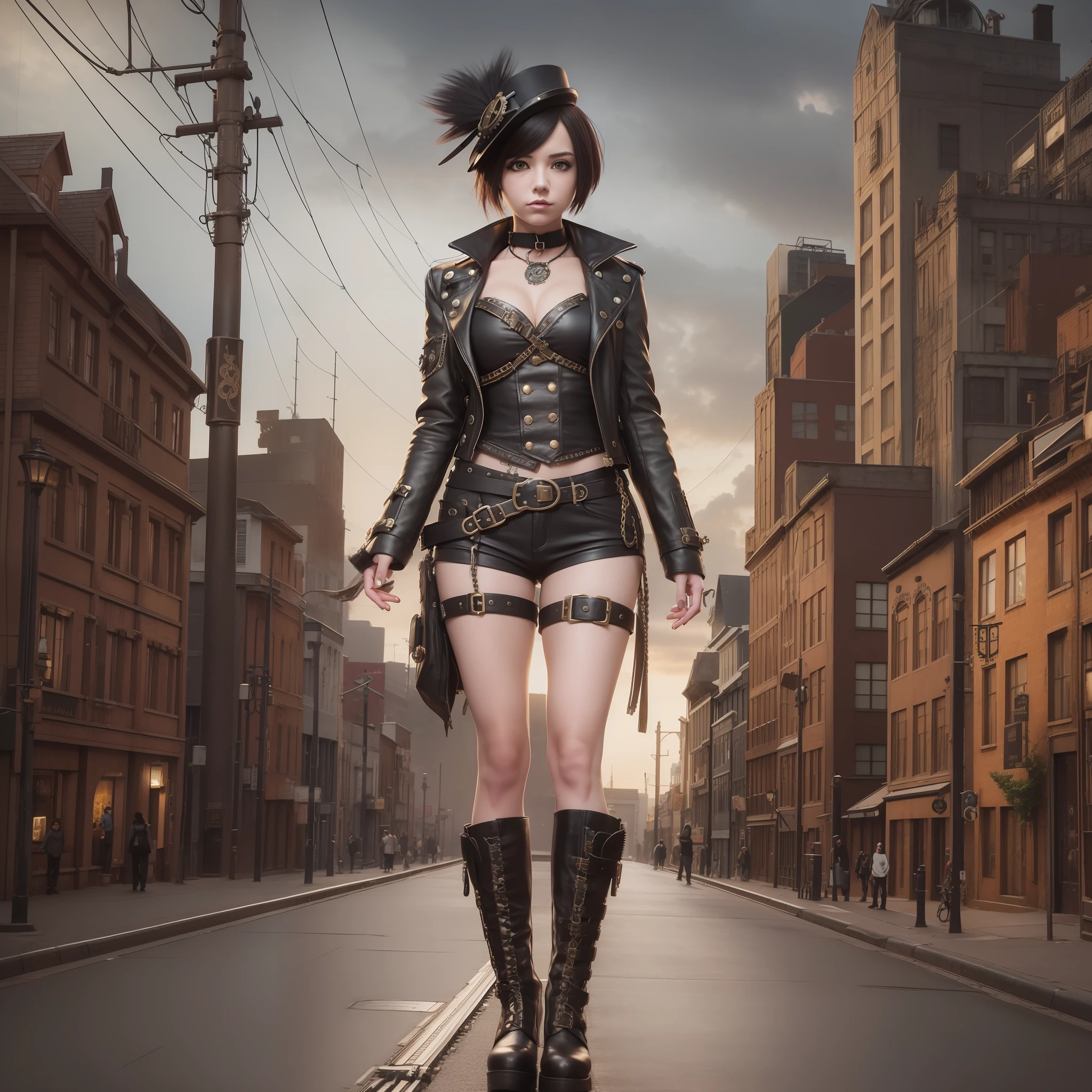 A steampunk city, a girl dressed in punk style, standing on the street, with train tracks on the ground, steampunk-style buildings on both sides, dim weather, highest quality, super detail,