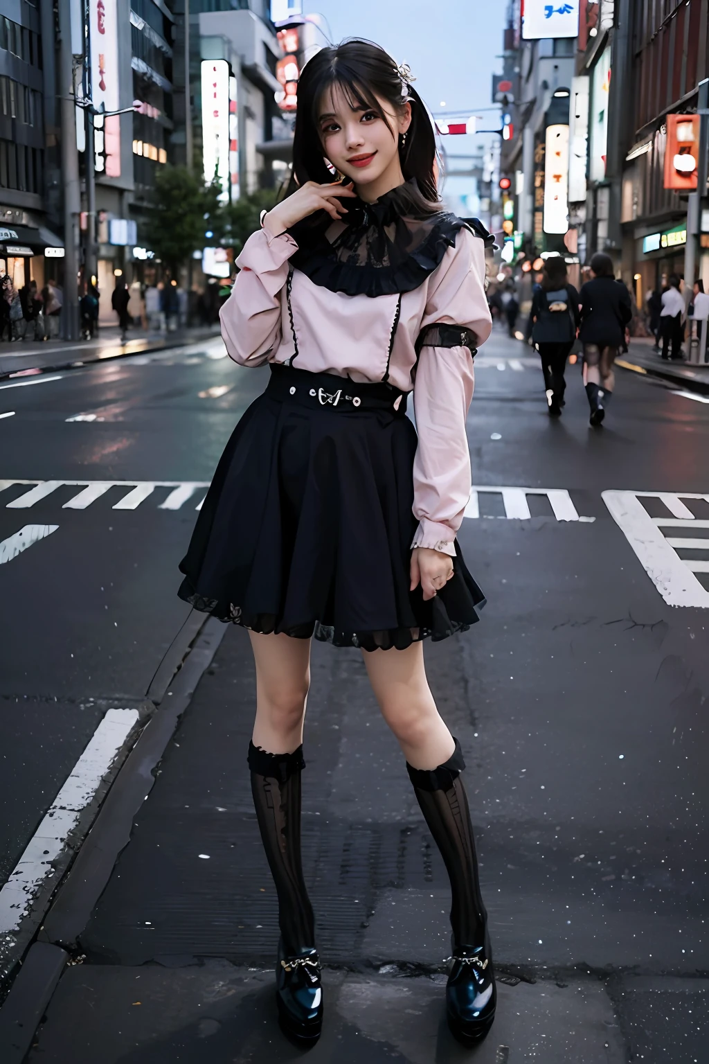 best quality, masterpiece, ultra high res, 8K, raw, (photo realistic:1.4), sharp focus, 1 girl, (detailed background:1.5), (tokyo street:1.3), full body, slender, dynamic pose, cute, 18yo, laugh, eyes, tiny breasts, air, detailed clothes