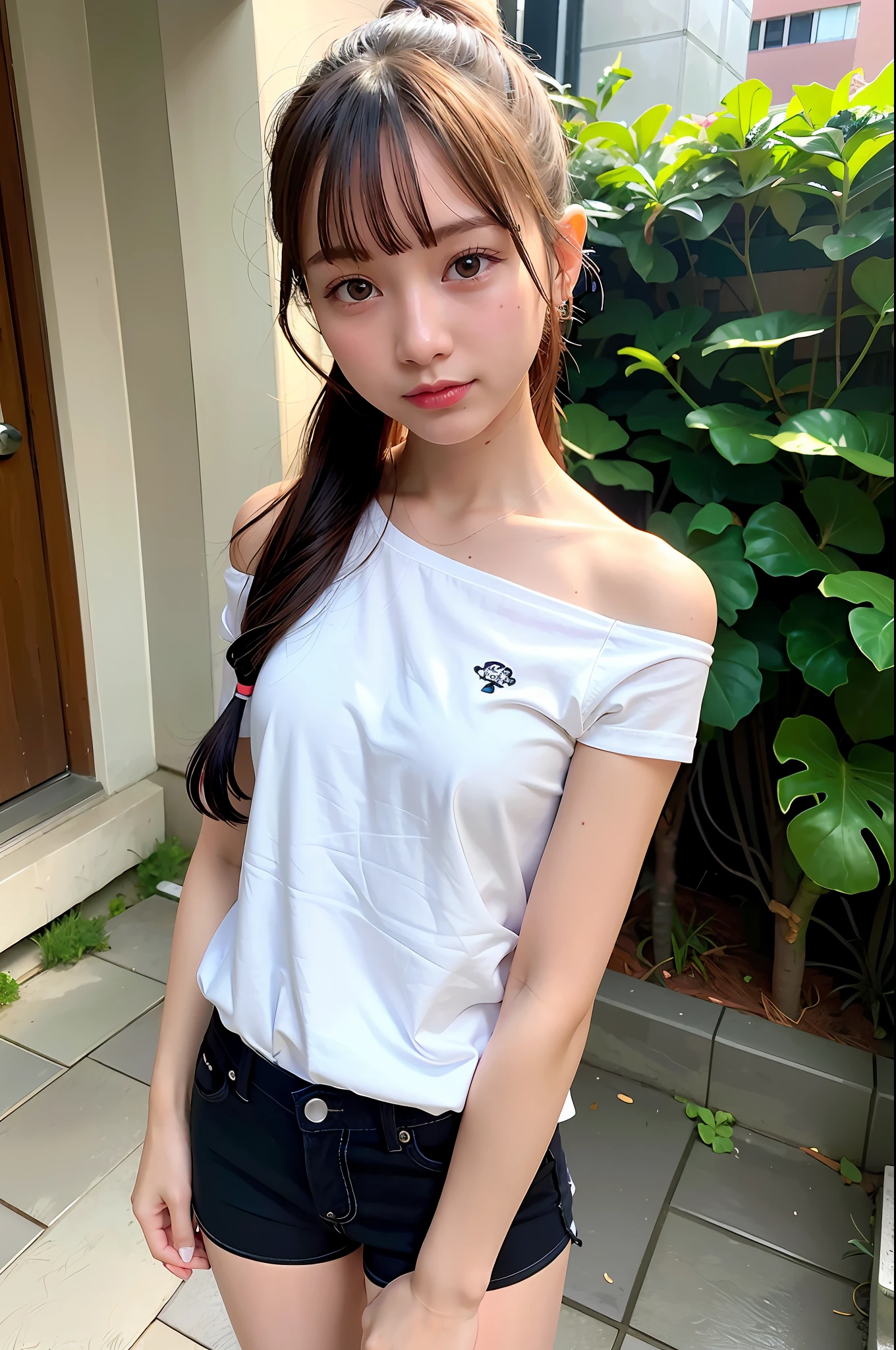 Top quality, ultra high resolution, (photorealistic: 1.4), 1 girl, off-shoulder white shirt, look viewer, close-up, thin legs, small, shorts, dazzling light, 15 years old, long ponytail, black outerwear