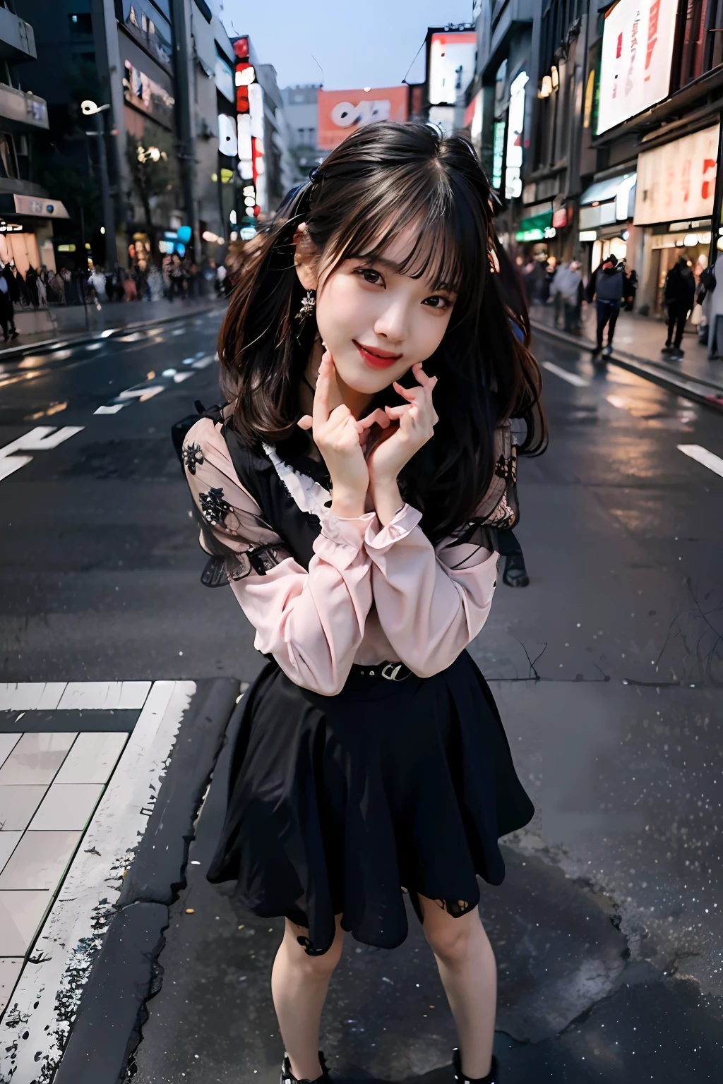 best quality, masterpiece, ultra high res, 8K, raw, (photo realistic:1.4), sharp focus, 1 girl, (detailed background:1.5), (tokyo street:1.3), full body, slender, dynamic pose, cute, 18yo, laugh, big black eyes, tiny breasts, black hair, detailed clothes