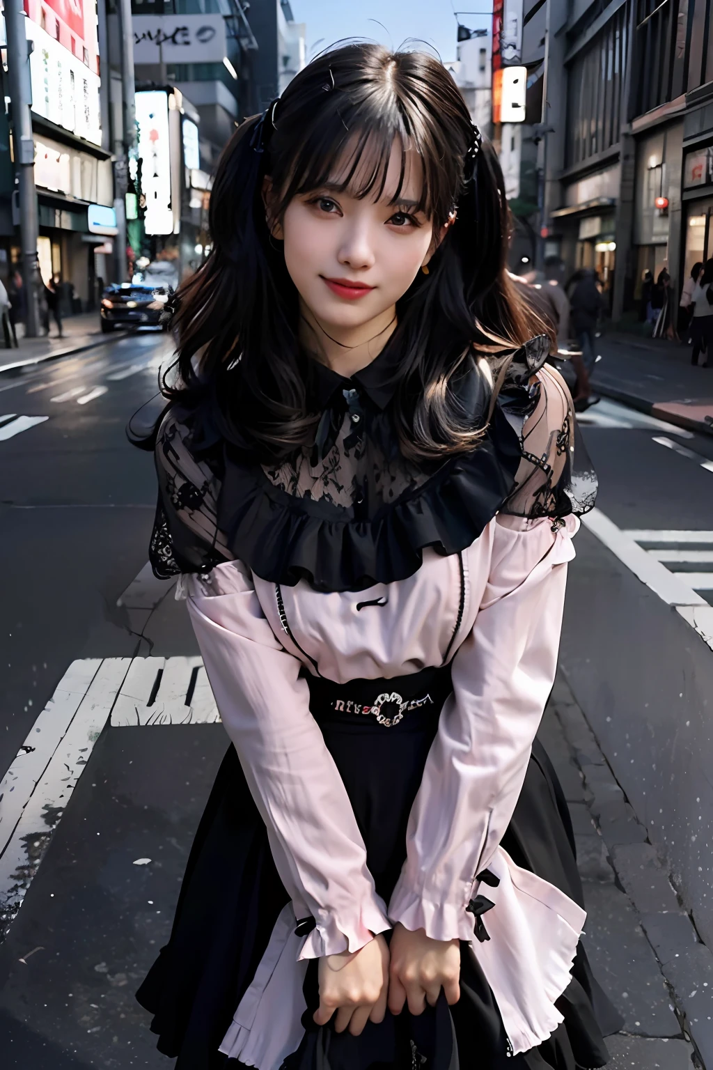 best quality, masterpiece, ultra high res, 8K, raw, (photo realistic:1.4), sharp focus, 1 girl, (detailed background:1.5), (tokyo street:1.3), full body, slender, dynamic pose, cute, 18yo, laugh, big black eyes, tiny breasts, black hair, detailed clothes