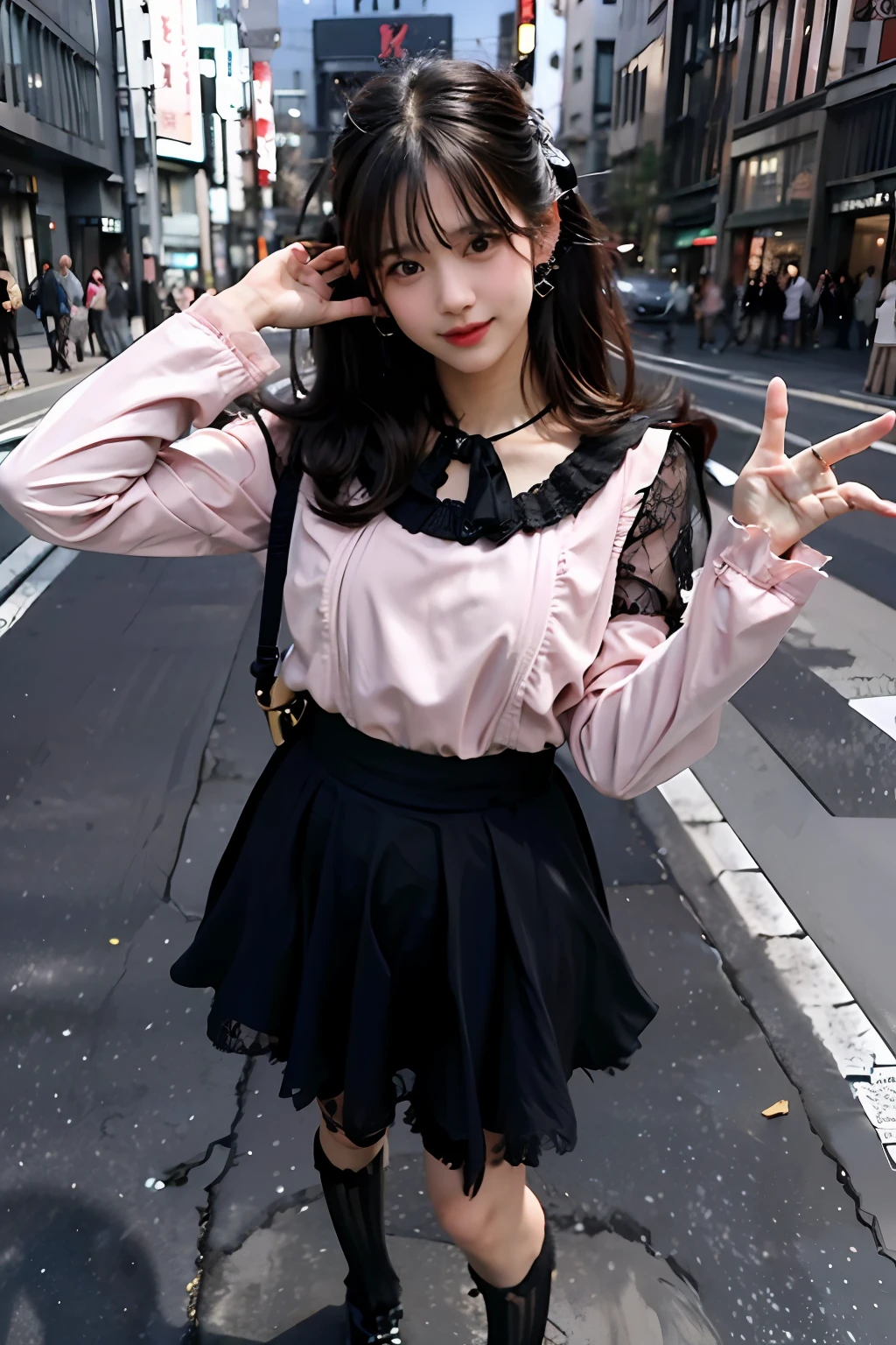 best quality, masterpiece, ultra high res, 8K, raw, (photo realistic:1.4), sharp focus, 1 girl, (detailed background:1.5), (tokyo street:1.3), full body, slender, dynamic pose, cute, 18yo, laugh, big black eyes, tiny breasts, black hair, detailed clothes