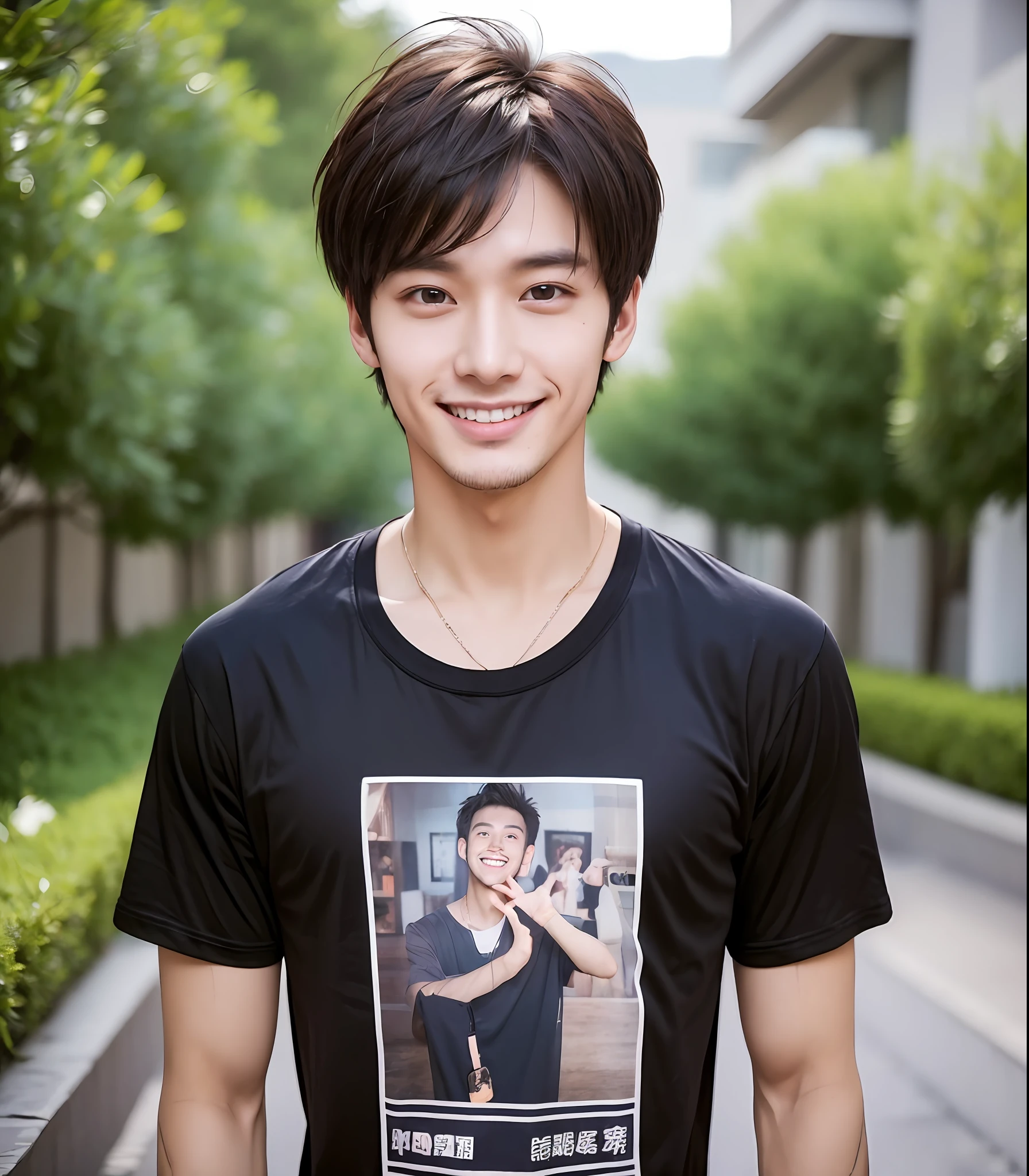 Male, handsome, 20-25 years old, young, energetic, 180cm, Chinese, upper body, T-shirt, short hair, gaze, big eyes, smiling at you, looking at the camera --auto --s2