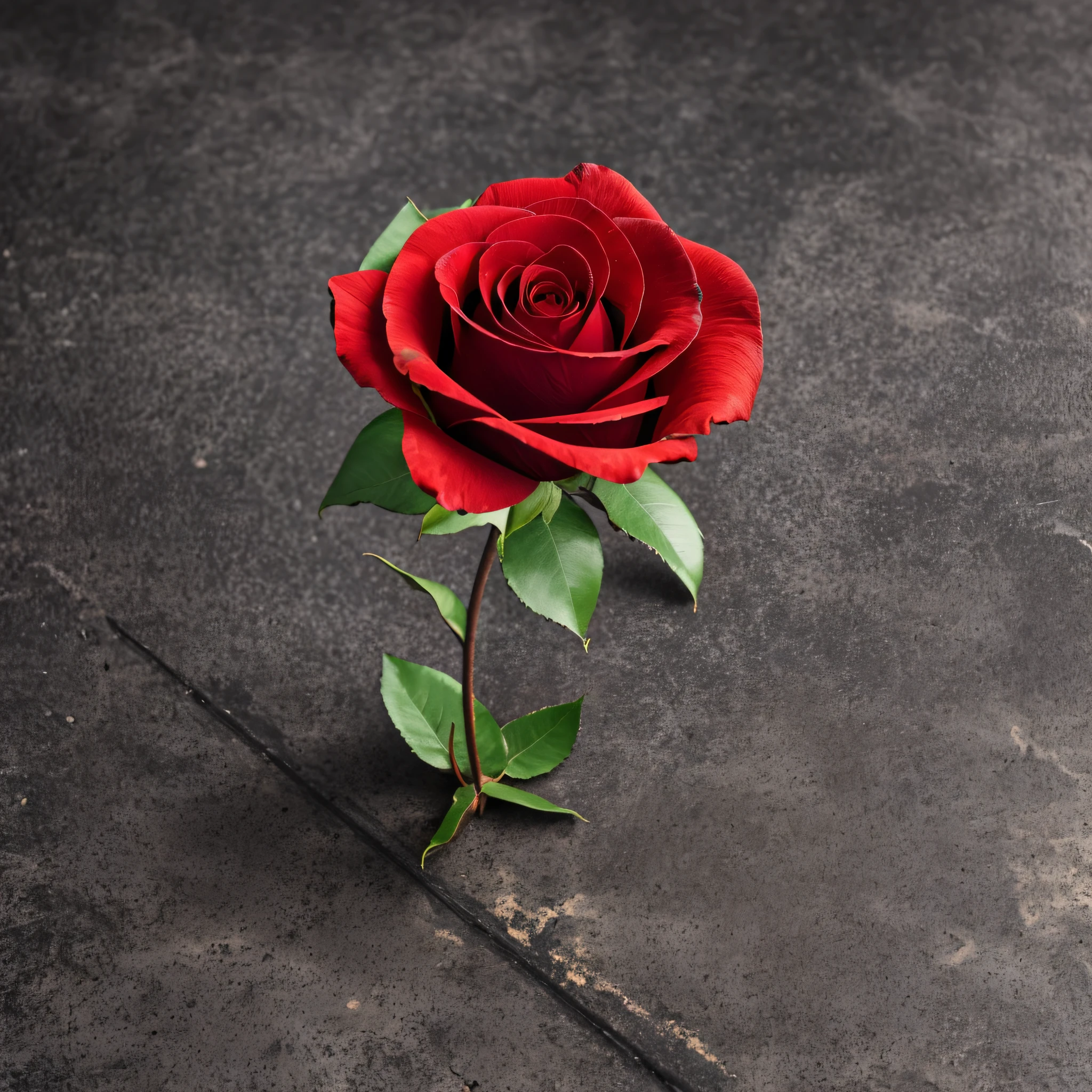 a red rose flower growing on a metal surface, the background is extremely dark and black, real texture