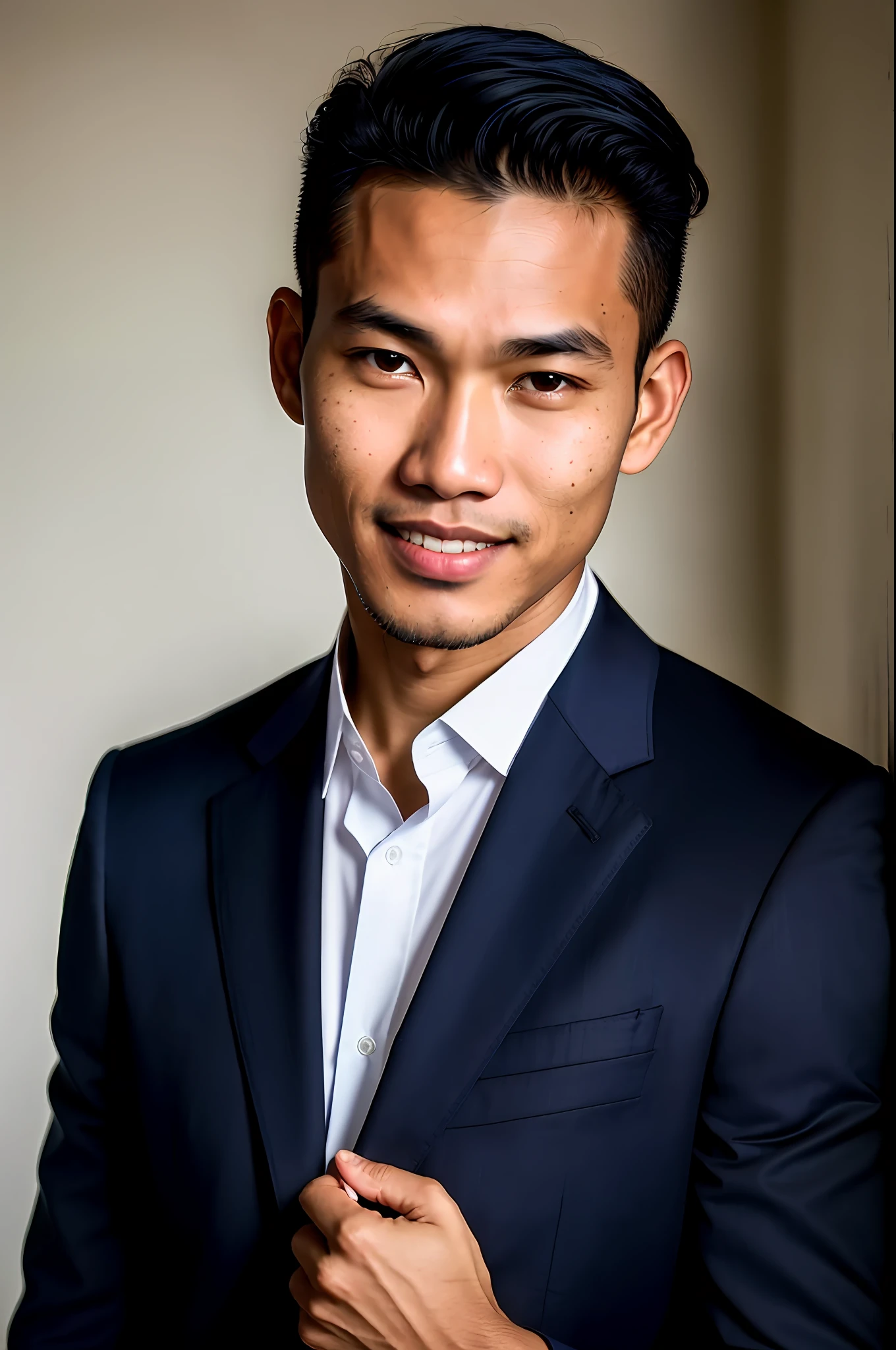 world press photo winner, (award-winning photography:1.3), (modern indonesian man wearing navy blue suit, beautiful face, young man, indonesian skin tone, typical Indonesian male features:1.4), (8k, RAW photo, best quality:1.3), (realistic, photo-realistic, modest clothes:1.2), inspiring, Portait of a (handsome typical modern indonesian man) analog style (look at viewer:1.2) (skin texture) (film grain:1.3), (warm hue, warm tone:1.2), close up, cinematic light, sidelighting, ultra high res, best shadow, RAW, Microgeometry, skin elasticity, light scattering through hair, ambient occlusion, multi-layer skin shading, facial muscle simulation, iris and pupil rendering, advanced color grading, navy blue suit, smiling