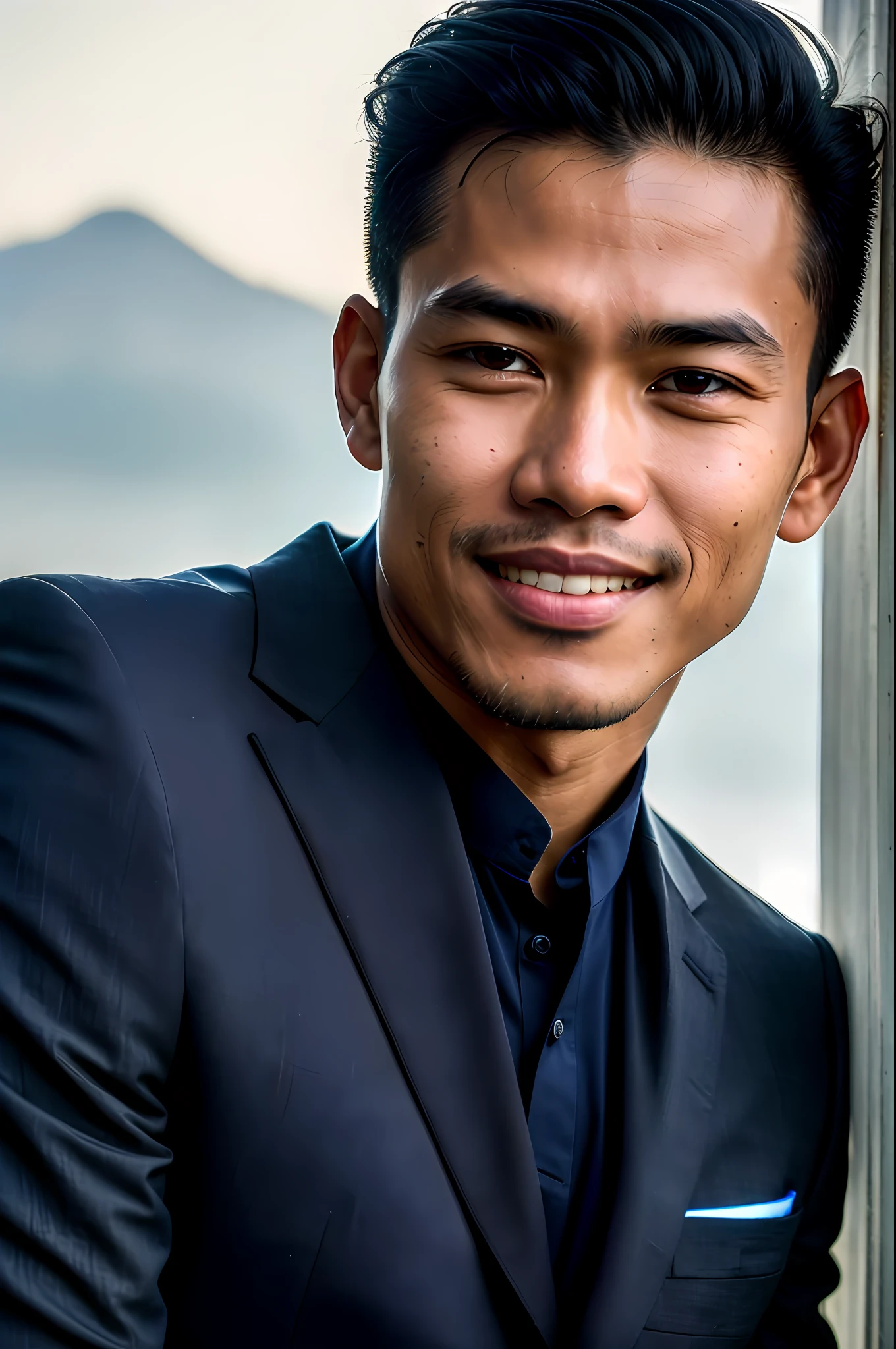 world press photo winner, (award-winning photography:1.3), (modern indonesian man wearing navy blue suit, beautiful face, young man, indonesian skin tone, typical Indonesian male features:1.4), (8k, RAW photo, best quality:1.3), (realistic, photo-realistic, modest clothes:1.2), inspiring, Portait of a (handsome typical modern indonesian man) analog style (look at viewer:1.2) (skin texture) (film grain:1.3), (warm hue, warm tone:1.2), close up, cinematic light, sidelighting, ultra high res, best shadow, RAW, Microgeometry, skin elasticity, light scattering through hair, ambient occlusion, multi-layer skin shading, facial muscle simulation, iris and pupil rendering, advanced color grading, navy blue suit, smiling