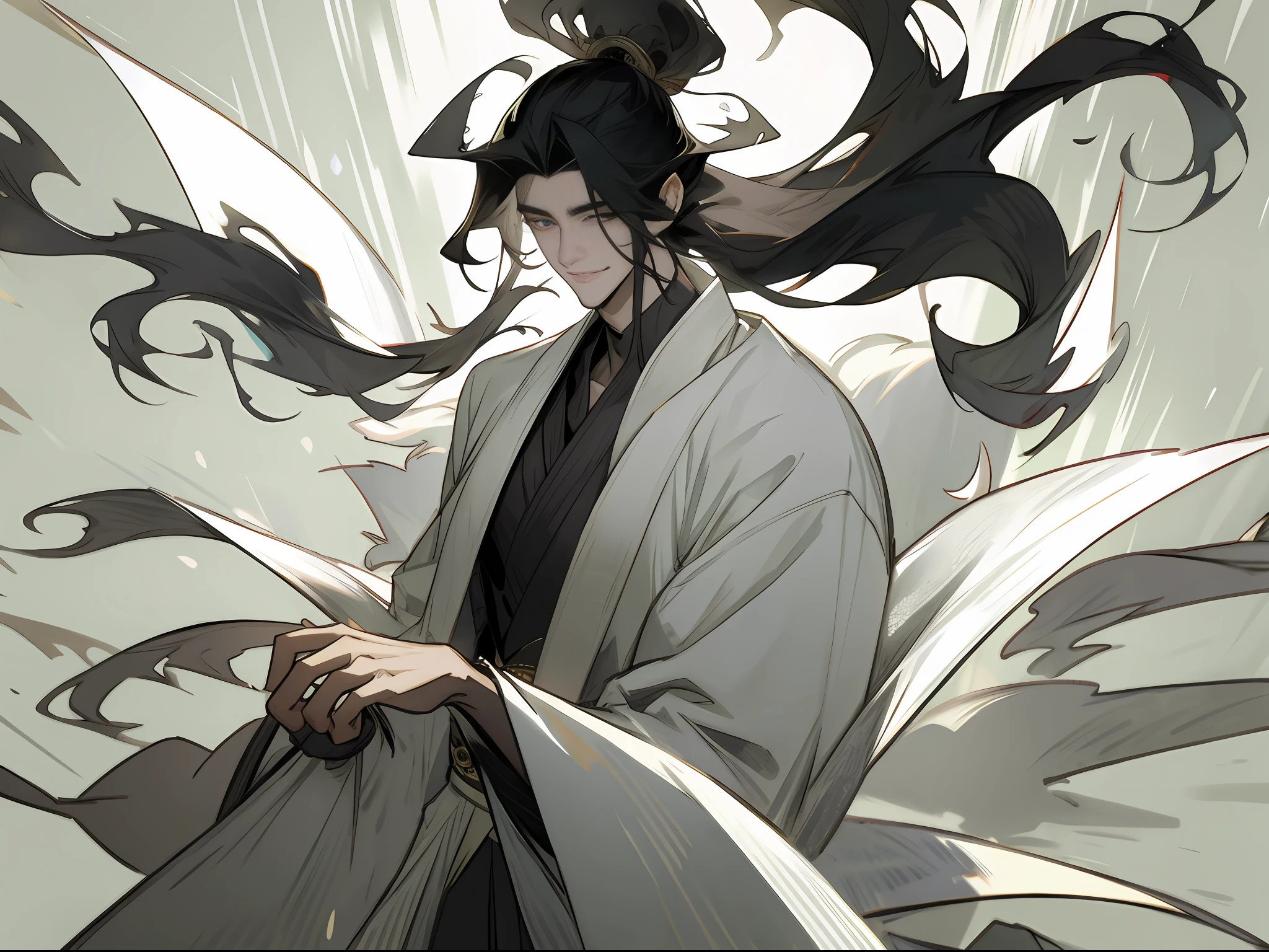 (an ancient China Handsome man), big watery eyes, smiling and wearing white clothes, fluttering black hair, an ancient Chinese handsome guy, wearing ancient Chinese clothing, flowing tulle, light silk,(clean background), ink painting style, clean color, decisive cutting, blank, freehand, masterpiece, super detailed, epic composition, high quality, the highest quality, 4k