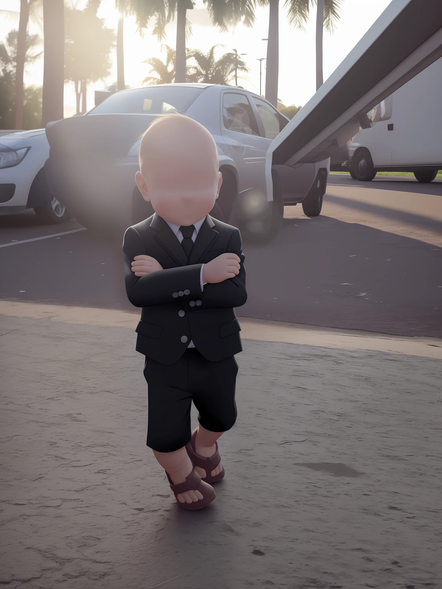 Black suit for , arms crossed, realistic animated style