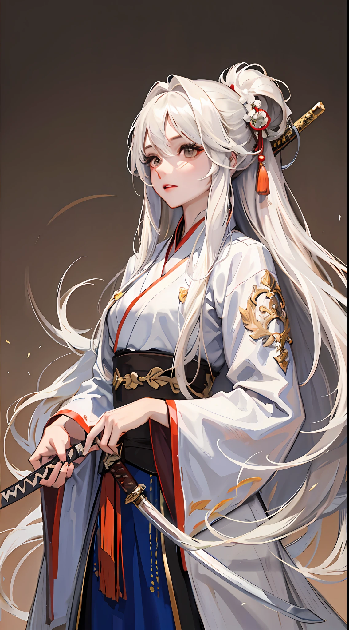 Adult woman, long white hair, brown eyes, hanfu, straight sword, masterpiece, high quality