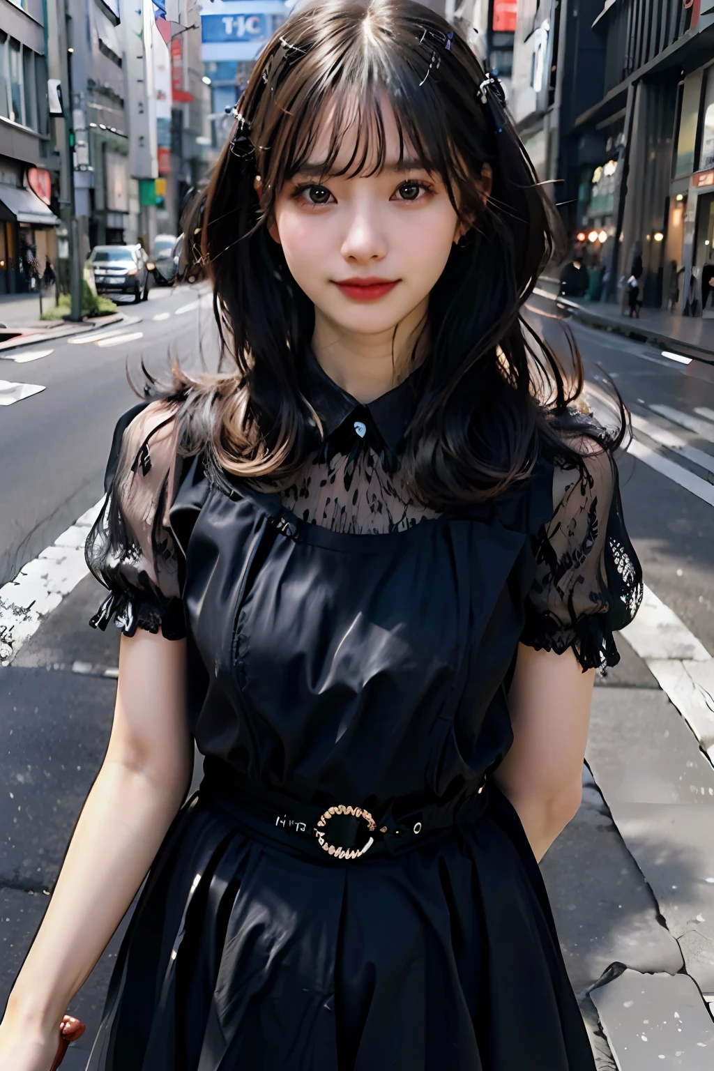 best quality, masterpiece, ultra high res, 8K, raw, (photo realistic:1.4), sharp focus, 1 girl, (detailed background:1.5), (tokyo street:1.3), full body, slender, dynamic pose, cute, 18yo, laugh, big black eyes, tiny breasts, black hair, detailed clothes