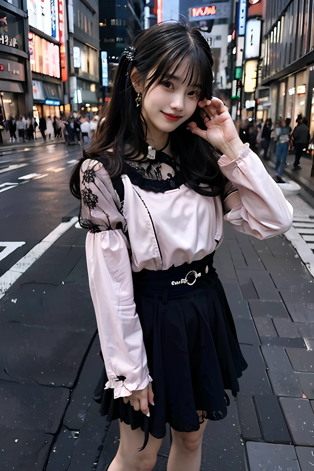 best quality, masterpiece, ultra high res, 8K, raw, (photo realistic:1.4), sharp focus, 1 girl, (detailed background:1.5), (tokyo street:1.3), full body, slender, dynamic pose, cute, 18yo, laugh, big black eyes, tiny breasts, black hair, detailed clothes