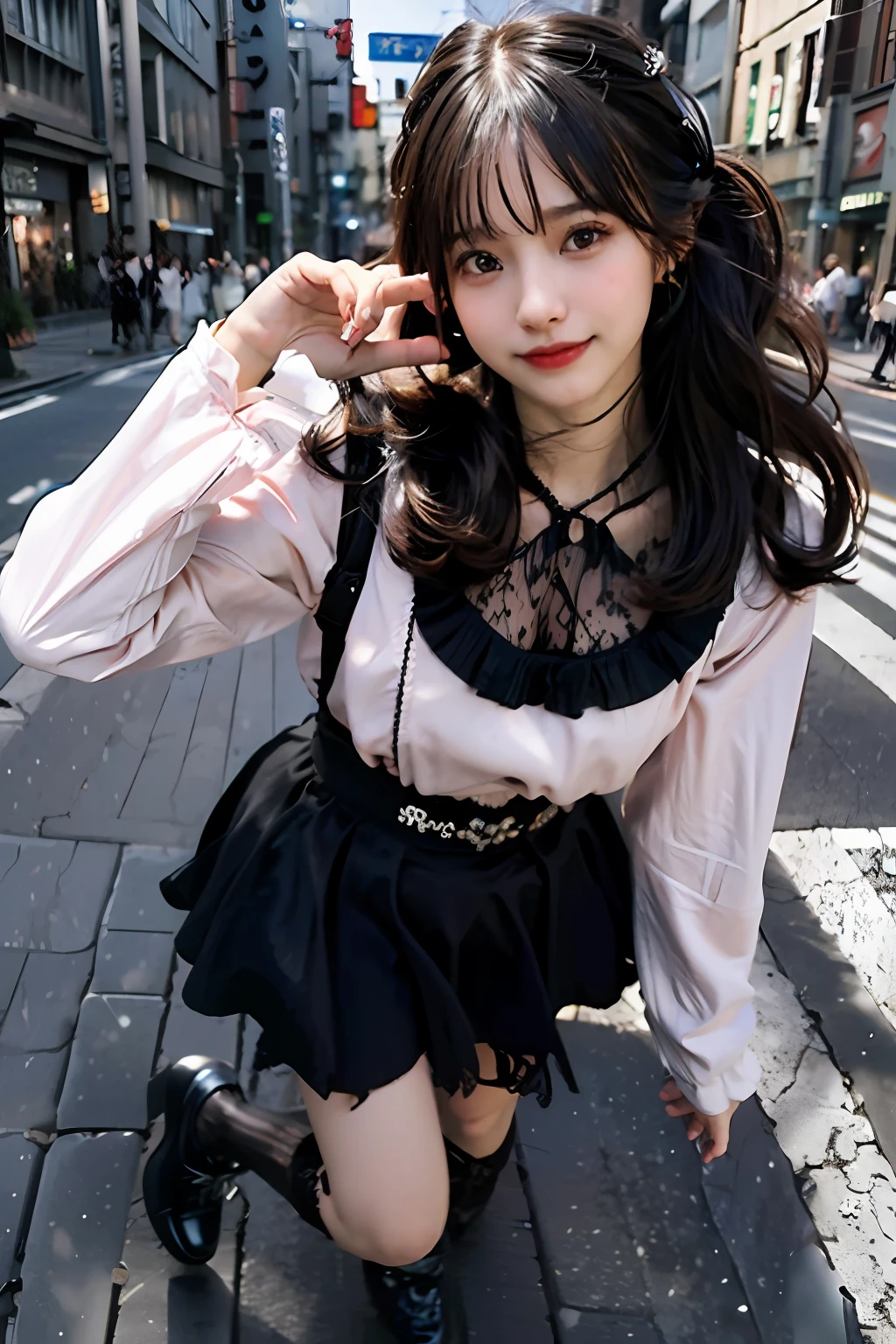 best quality, masterpiece, ultra high res, 8K, raw, (photo realistic:1.4), sharp focus, 1 girl, (detailed background:1.5), (tokyo street:1.3), full body, slender, dynamic pose, cute, 18yo, laugh, big black eyes, tiny breasts, black hair, detailed clothes