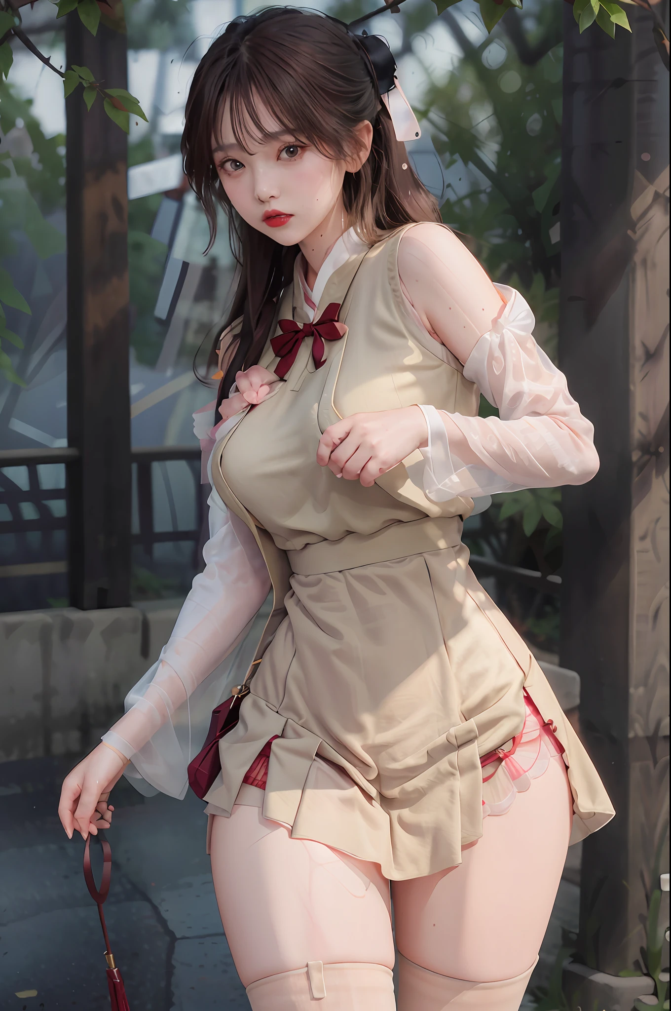 Masterpiece: 1.2, Best Quality), Realism, (Real Pictures, Rich Detail Detail, Depth of Field), (1 Girl, Solo), Makeup, Cleft Lip, High Detail, Perfect Face Shape, (: 1.4), (Skin Dents), Thick Thighs, Broad Buttocks, Thin Waist Line, High, Coral, Red Lips, Red Eyes, Ponytail (Girls, Tulle Transparent), (Sweat: 1.2), (Wet), Sexy, Blush, (Shy Expression), Hanfu, Exposed, Umbilical Suspenders, Vests, Stockings, Fishnet Socks, Pleated Skirts, Skirts, Hip Skirts, Hanfu,