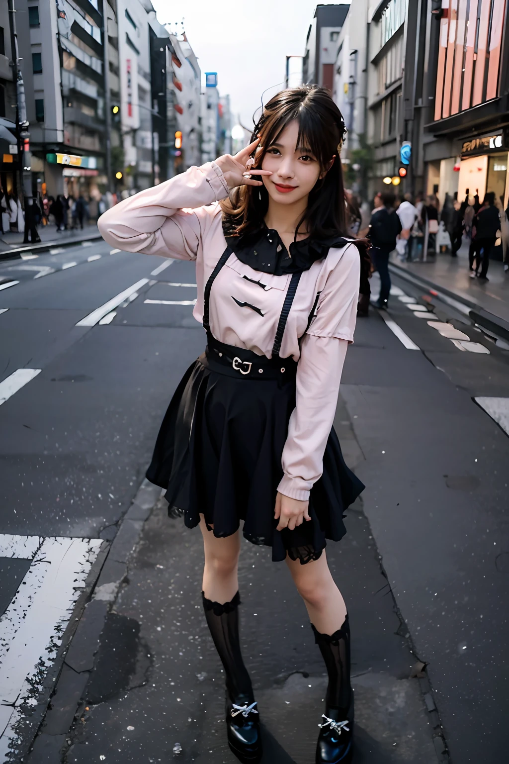 best quality, masterpiece, ultra high res, 8K, raw, (photo realistic:1.4), sharp focus, 1 girl, (detailed background:1.5), (tokyo street:1.3), full body, slender, dynamic pose, cute, 18yo, laugh, big black eyes, tiny breasts, black hair, detailed clothes
