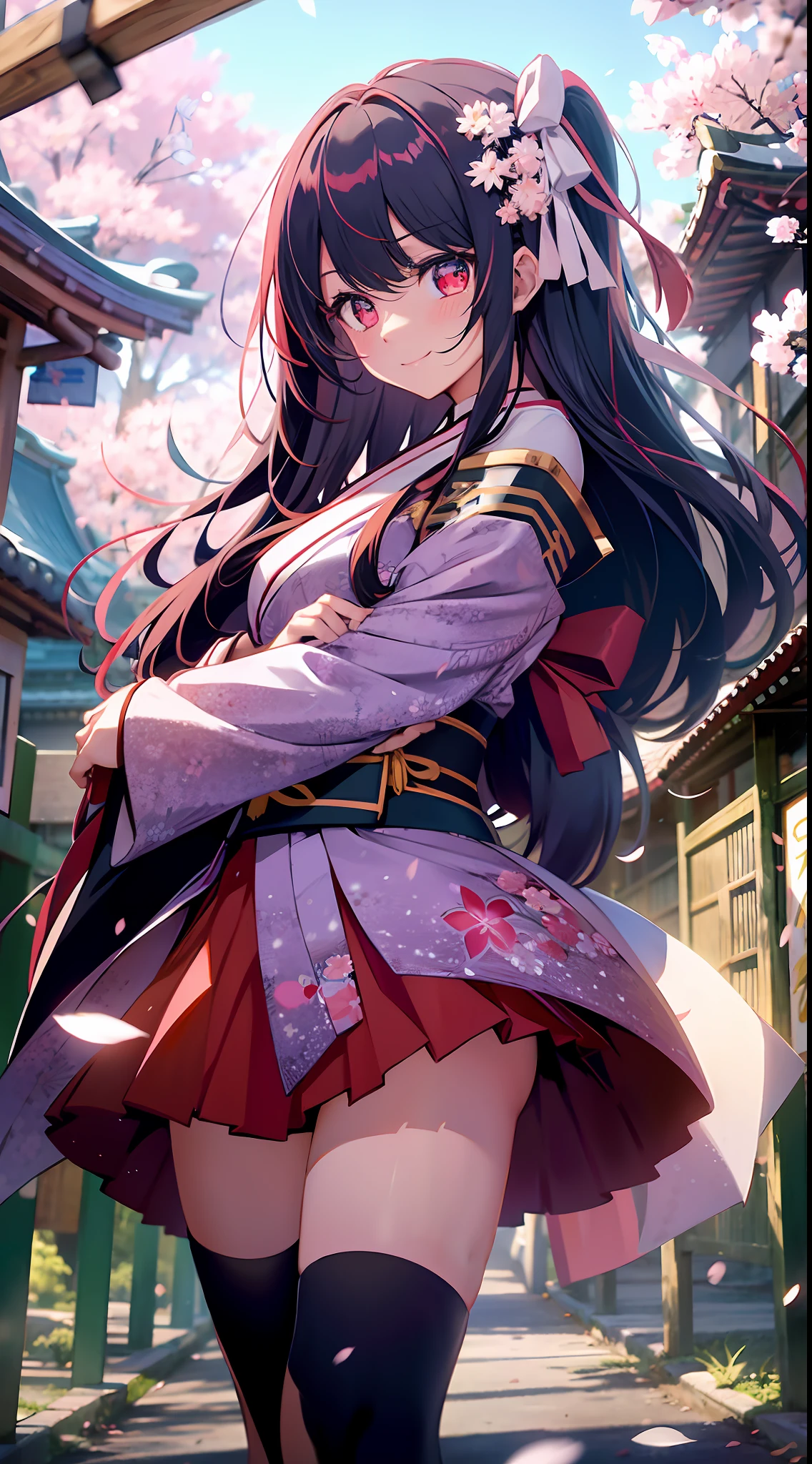 Long flowing hair, loose hair, red eyes, joyful and shy expression, expectant expression, black stockings texture matching, ribbon, loli, kimono, skirt, leaking shoulders and arms, leg ribbon, leg ring, five fingers, holding paper fan, cherry blossoms, shrine, steps, Japanese, ultra-low viewing angle, looking sideways, looking at the audience, at height, far view, far distance, backlight, perfect light and shadow, master work, detailed, delicate, 8k