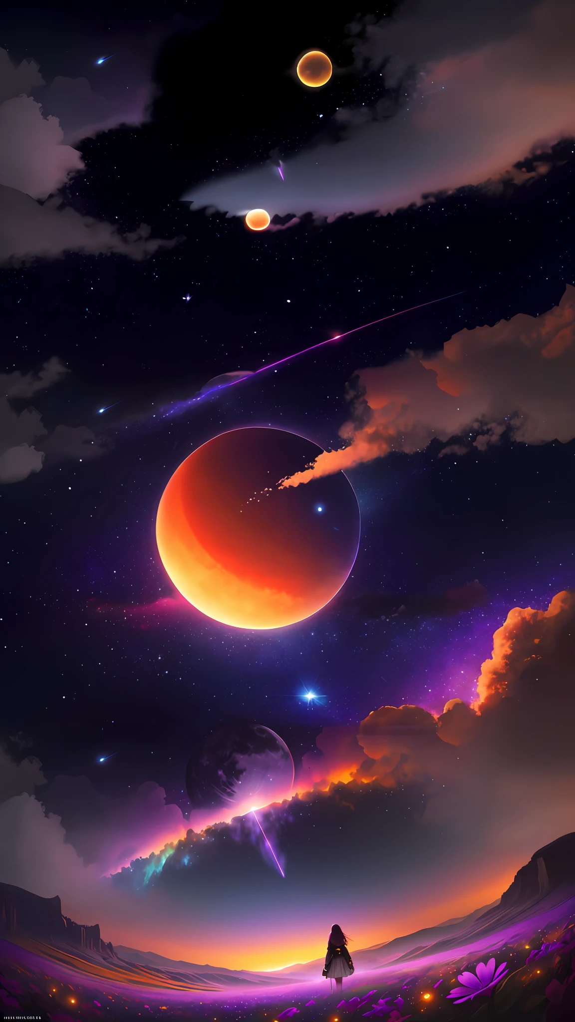 a close up of a person standing on a field with a sky background, lush and colorful eclipse, beautiful space star planet, cosmic and colorful, planet and stars, cosmic colorful ultima moongate, planet in the sky, heaven planet in background, fantasy planet, planet in space, halfmoon in space, planets on the background, colorful night sky