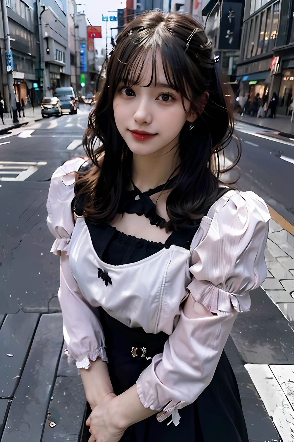 best quality, masterpiece, ultra high res, 8K, raw, (photo realistic:1.4), sharp focus, 1 girl, (detailed background:1.5), (tokyo street:1.3), full body, medium built, dynamic pose, cute, 18yo, laugh, big black eyes, tiny breasts, black hair, detailed clothes