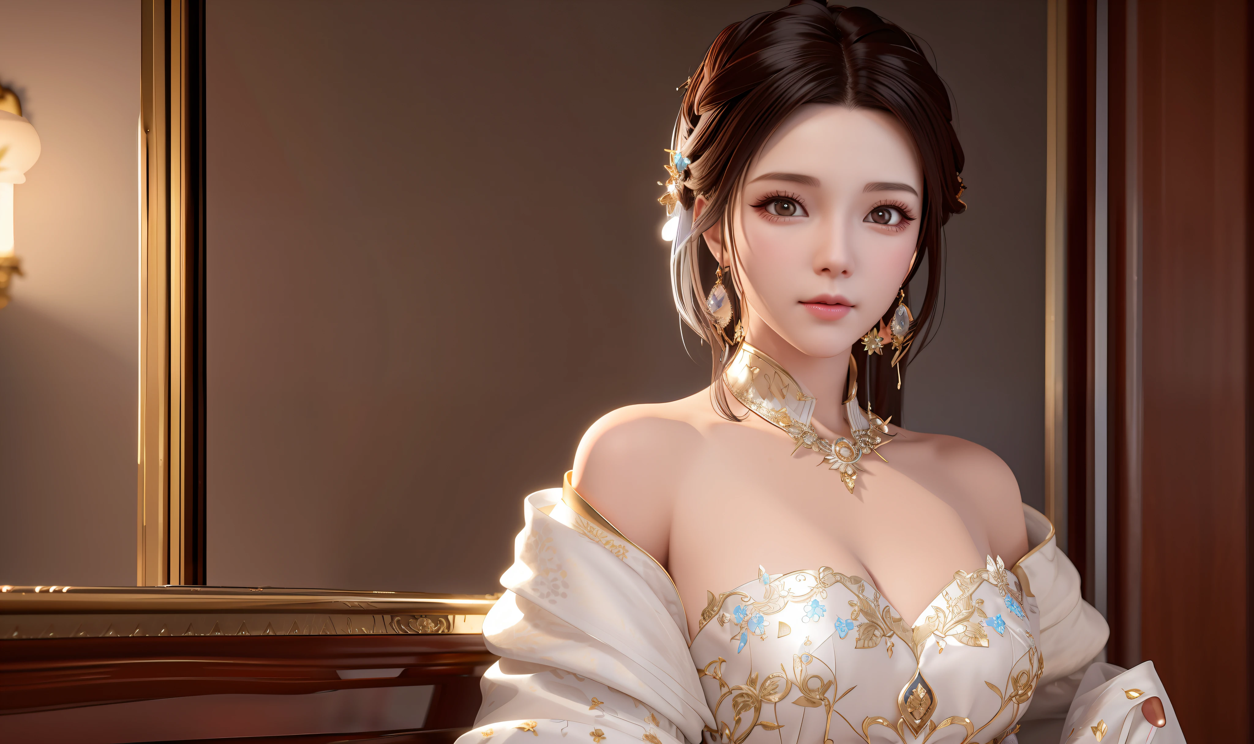 there is a woman in a dress posing for a picture, trending on cgstation, 3 d render character art 8 k, 8k portrait render, a beautiful fantasy empress, soft portrait shot 8 k, 8 k cg render, 8k high quality detailed art, guweiz masterpiece, wlop glossy skin, 8k octae render photo, guweiz