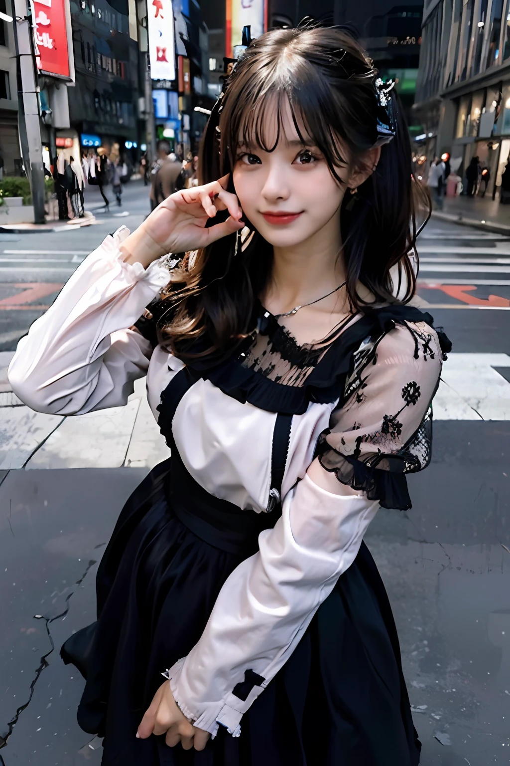 best quality, masterpiece, ultra high res, 8K, raw, (photo realistic:1.4), sharp focus, 1 girl, (detailed background:1.5),  (tokyo street:1.3), full body, medium built, dynamic pose, cute, 18yo, laugh, big black eyes, tiny breasts, black hair, detailed clothes
