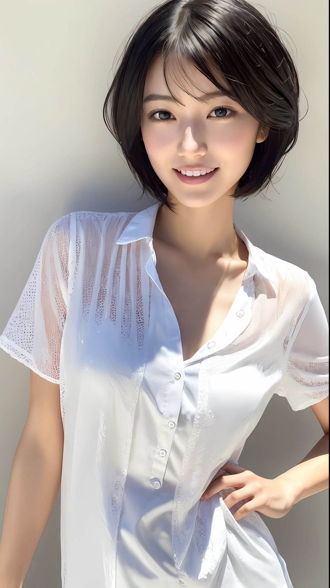 (masterpiece:1.3), (8k, photorealistic, RAW photo, best quality: 1.4), japanese, (1girl), beautiful face, (realistic face), (black hair, short hair:1.3), beautiful hairstyle, realistic eyes, beautiful detailed eyes, (realistic skin), beautiful skin, attractive, ultra high res, ultra realistic, highly detailed, golden ratio, (detaled face:1.2),looking at viewer,smile,open white shirt,medium breasts,standing,hand on hip