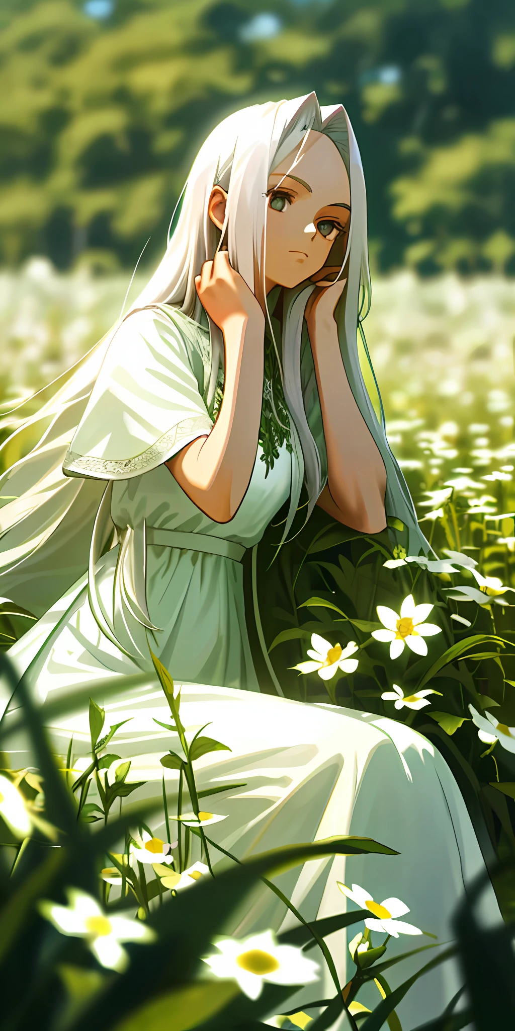 (masterpiece, best quality),1girl with long white hair sitting in a field of green plants and flowers, her hand under her chin, warm lighting, white dress, blurry foreground