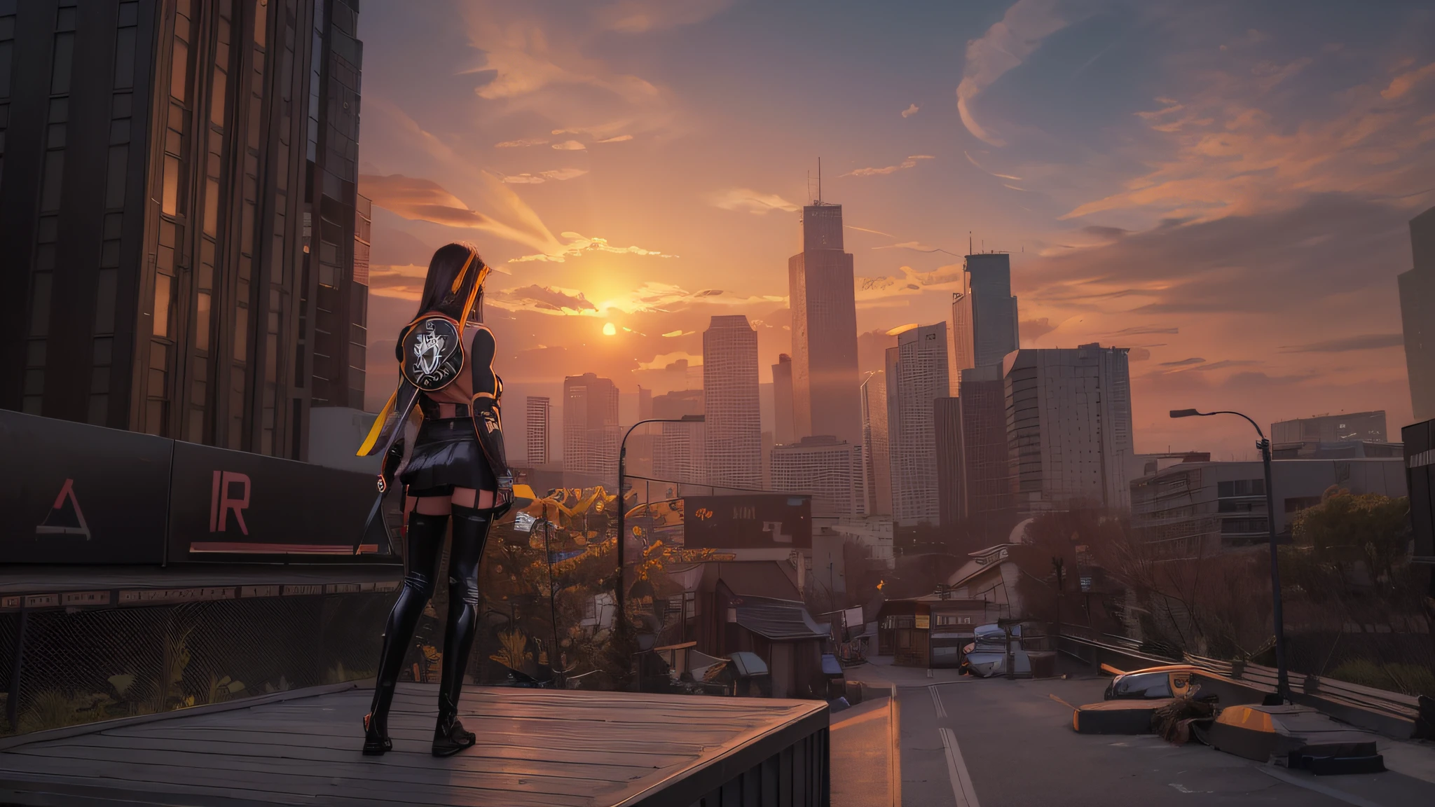 1girl, a ninja girl with a black hood, looking at the colorful sunset of the distant city, beautiful clouds, carrying a cyber-textured katana, high-tech scabbard, black skirt, sexy back, upper body, close-up, 8k, RAW photo, best picture quality, masterpiece, realism, realism, divided bangs, long hair,