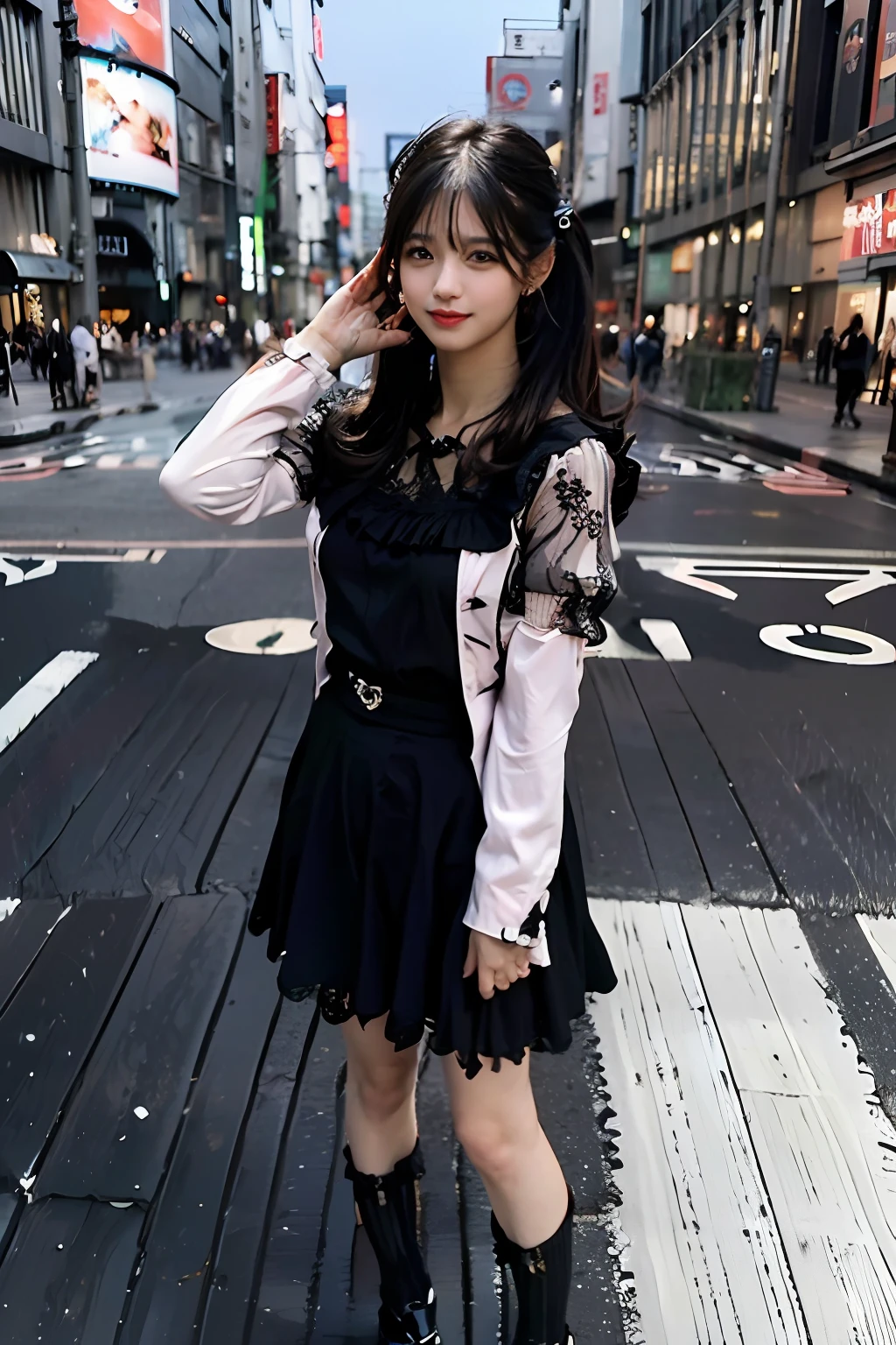 best quality, masterpiece, ultra high res, 8K, raw, (photo realistic:1.4), sharp focus, 1 girl, (detailed background:1.5), (tokyo street:1.3), full body, medium built, dynamic pose, cute, 24yo, laugh, big black eyes, tiny breasts, black hair, detailed clothes