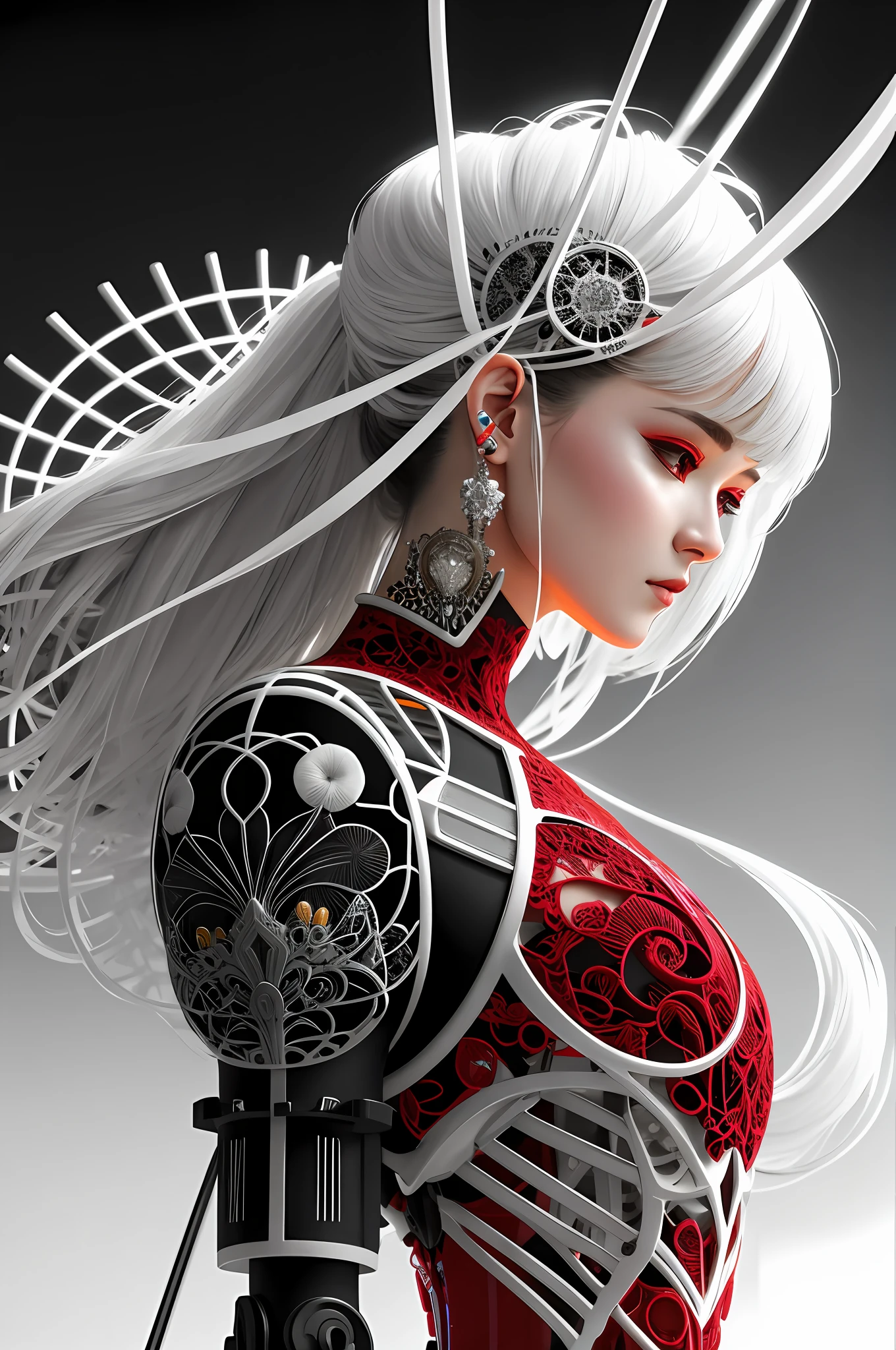 nousr robot, complex 3d render ultra detailed of a beautiful death angel, biomechanical cyborg, analog, 150 mm lens, beautiful natural soft rim light, big leaves and stems, roots, fine foliage lace, colorful details, samourai, Boris Bidjan Saberi outfit, pearl earring, piercing, art nouveau fashion embroidered, intricate details, mesh wire, mandelbrot fractal, anatomical, facial muscles, cable wires, microchip, badass, hyper realistic, ultra detailed, octane render, volumetric lighting, 8k post-production, red and white with a bit of black, detailled metalic bones, semi human, iridescent colors, Glenn Brown style, white room, power of the god, high-angle shot, complex body poses