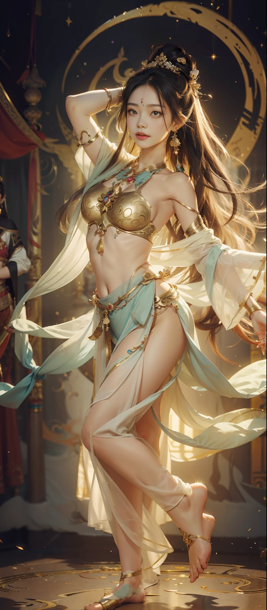 Dunhuang style, 1girle, shoulders, navel, flying fairy, Dunhuang mural in background, dance, white hair, lots of hair, very long hair, hair accessories, ribbons, earrings, gold jewelry, hair bubbles, copper bells, red clothes, translucent, flowers on the head, gradient eyes, smile, barefoot, no shoes, full body portrait, surrealism, high detail, romanticism, cinematic lighting, glitter, reflected light, masterpiece, super detail, textured skin, anatomically correct, high detail, best quality, high quality, high quality, Award-winning, 8K