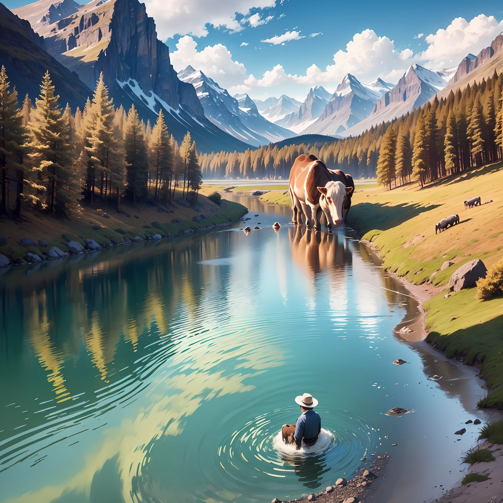 Clear river water, slightly rippling ripples, cows and sheep drinking quietly, magnificent snow-capped mountains standing in the sky, high-definition picture quality, wide picture, infinitely extended mountains, harmonious nature like a paradise. --auto --s2