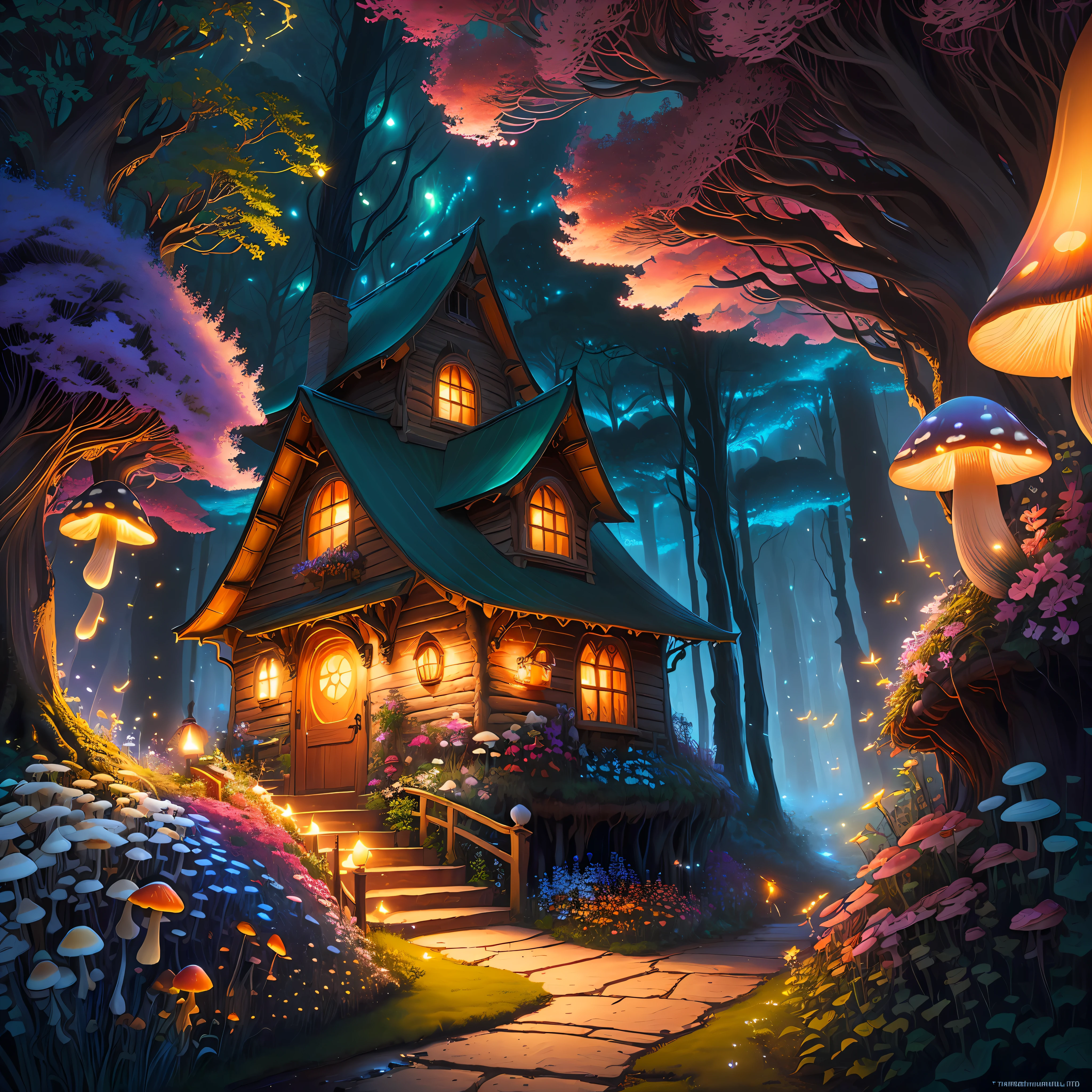 (Swirling clouds and colorful flowers), (forest fireflies fantasy mushroom house), (midnight), (Irregular), (mysterious), (ridiculous), dreamy, disney, painted by Thomas Kincaid, artstation, sharp focus, inspiring 8k wallpaper,