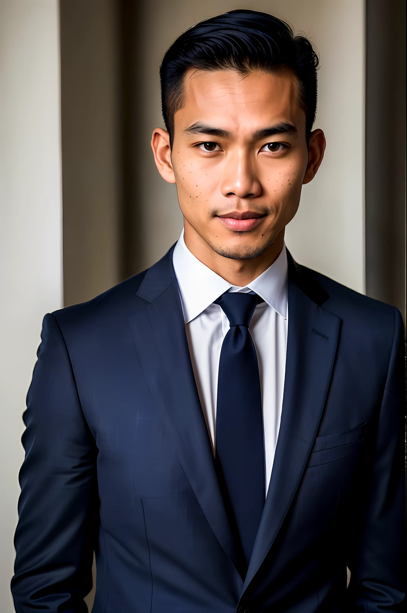 world press photo winner, (award-winning photography:1.3), (modern indonesian man wearing navy blue suit, beautiful face, young man, indonesian skin tone, typical Indonesian male features:1.4), (8k, RAW photo, best quality:1.3), (realistic, photo-realistic, modest clothes:1.2), inspiring, Portait of a (handsome typical modern indonesian man) analog style (look at viewer:1.2) (skin texture) (film grain:1.3), (warm hue, warm tone:1.2), close up, cinematic light, sidelighting, ultra high res, best shadow, RAW, Microgeometry, skin elasticity, light scattering through hair, ambient occlusion, multi-layer skin shading, facial muscle simulation, iris and pupil rendering, advanced color grading, navy blue suit, smiling, red tie