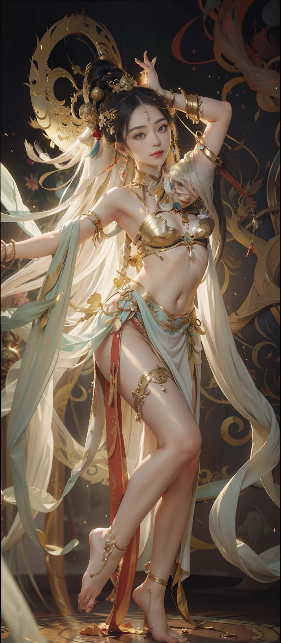 Dunhuang style, 1girle, shoulders, navel, flying fairy, Dunhuang mural in background, dance, white hair, lots of hair, very long hair, hair accessories, ribbons, earrings, gold jewelry, hair bubbles, copper bells, red clothes, translucent, flowers on the head, gradient eyes, smile, barefoot, no shoes, full body portrait, surrealism, high detail, romanticism, cinematic lighting, glitter, reflected light, masterpiece, super detail, textured skin, anatomically correct, high detail, best quality, high quality, high quality, Award-winning, 8K