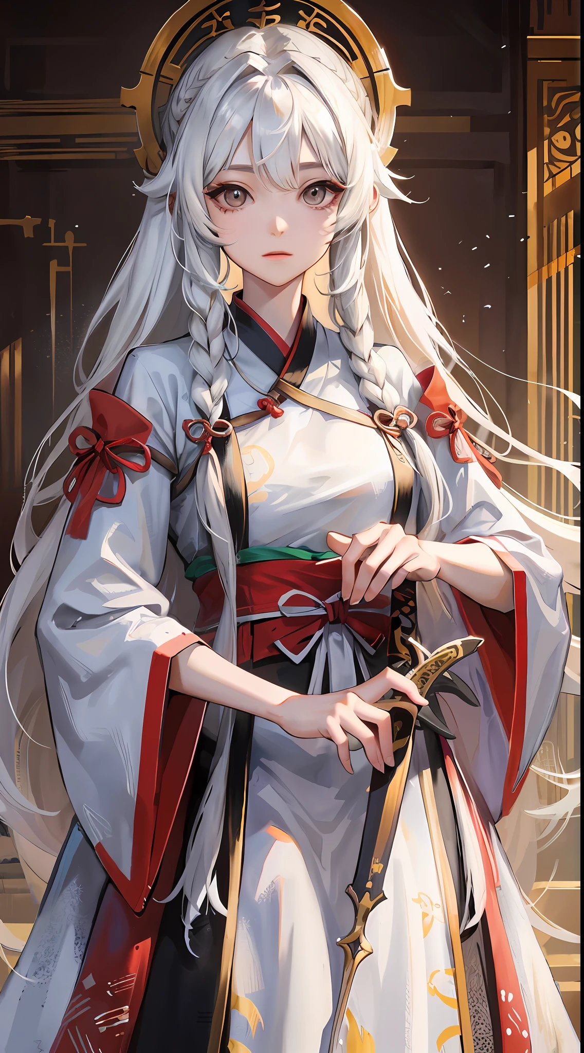Adult woman, long white hair, brown eyes, hanfu, straight sword, masterpiece, high quality
